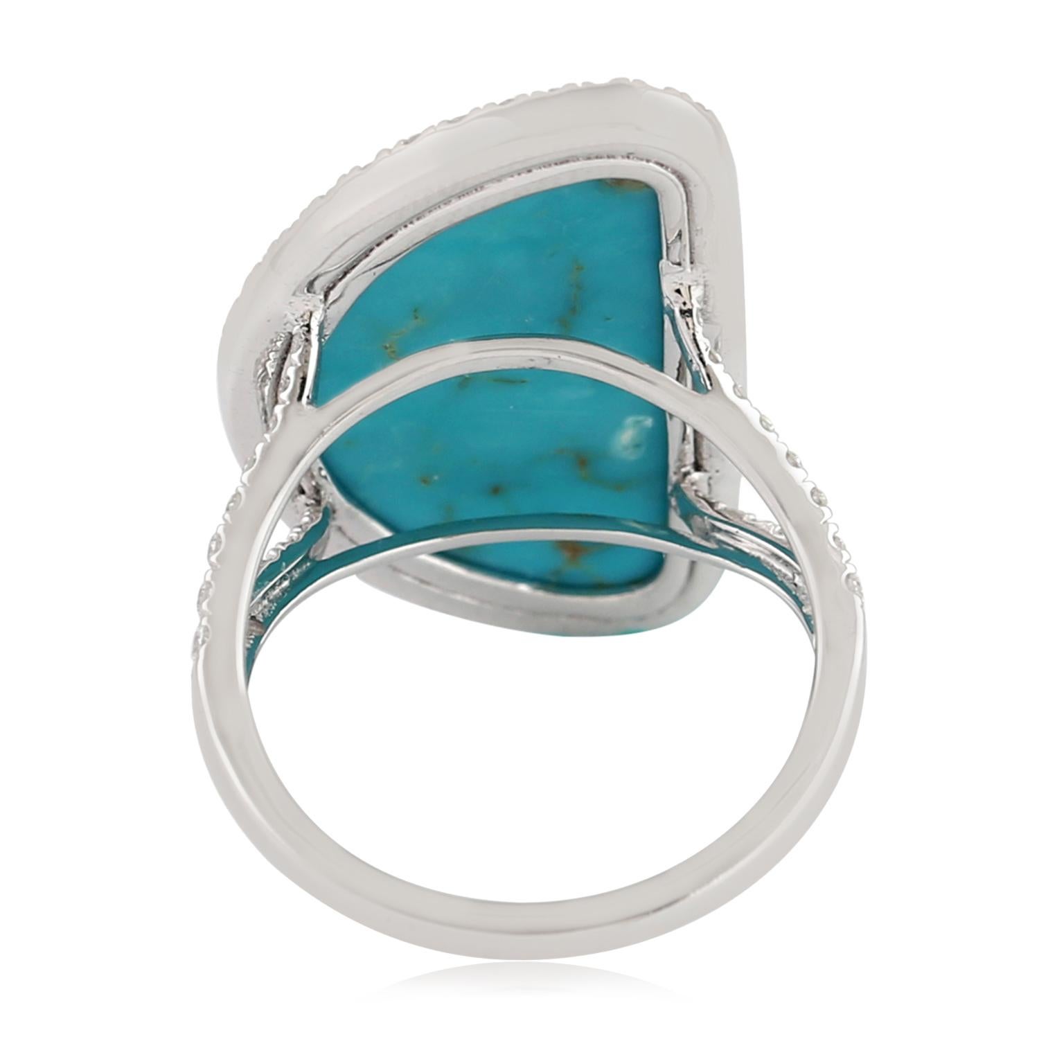 Artisan 7.60ct Natural Turquoise Cocktail Ring With Diamonds Made In 18k White Gold For Sale