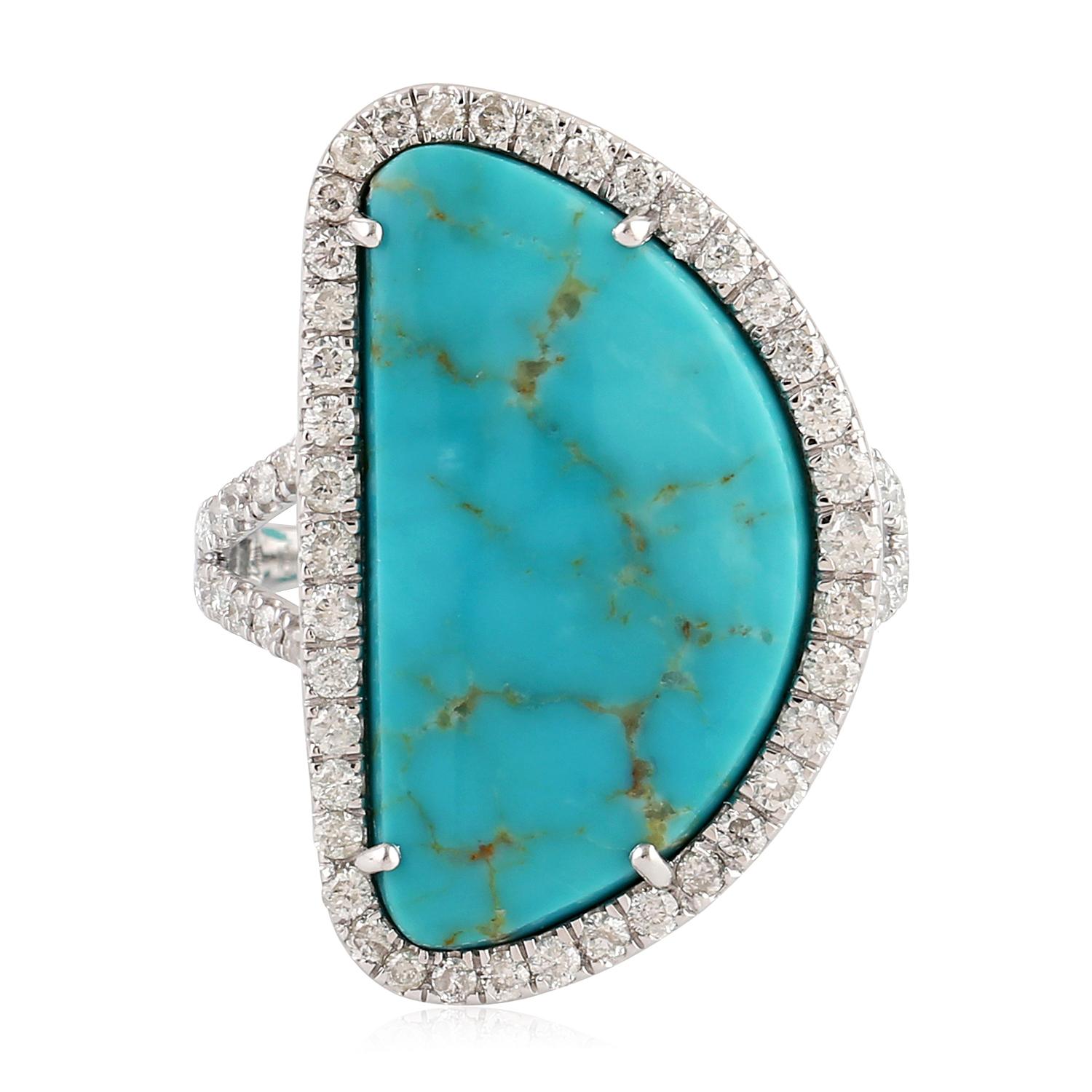7.60ct Natural Turquoise Cocktail Ring With Diamonds Made In 18k White Gold In New Condition For Sale In New York, NY