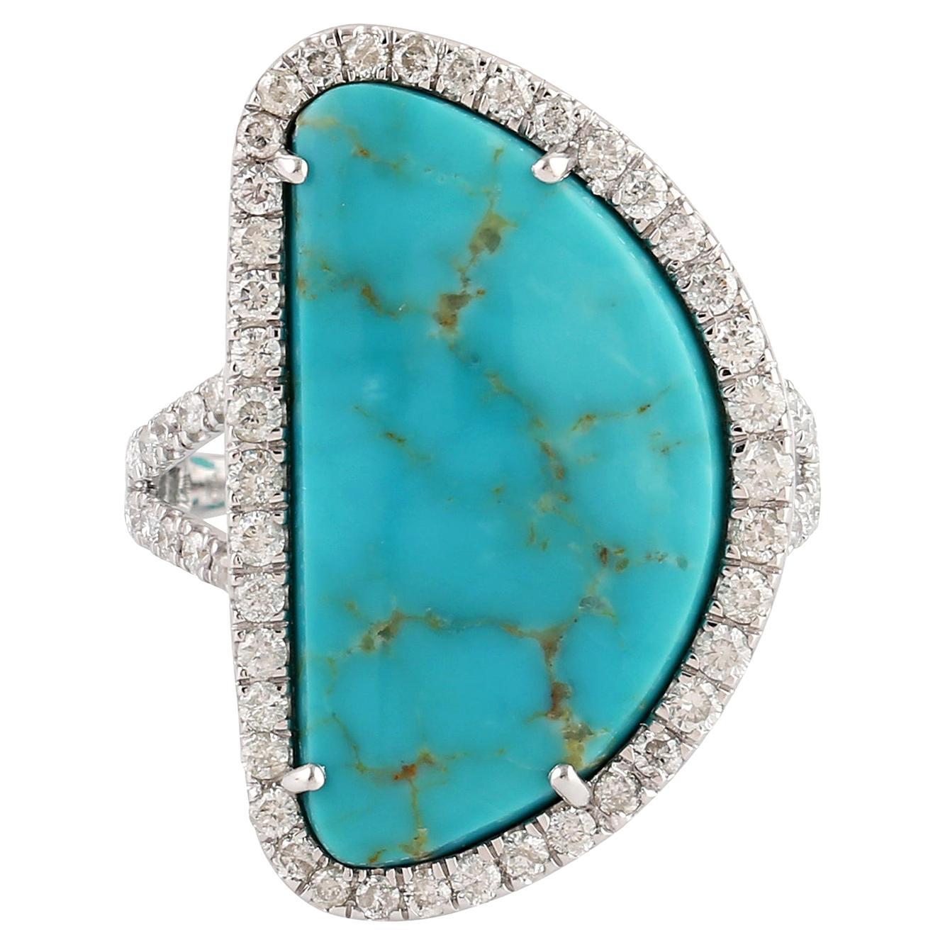 7.60ct Natural Turquoise Cocktail Ring With Diamonds Made In 18k White Gold For Sale