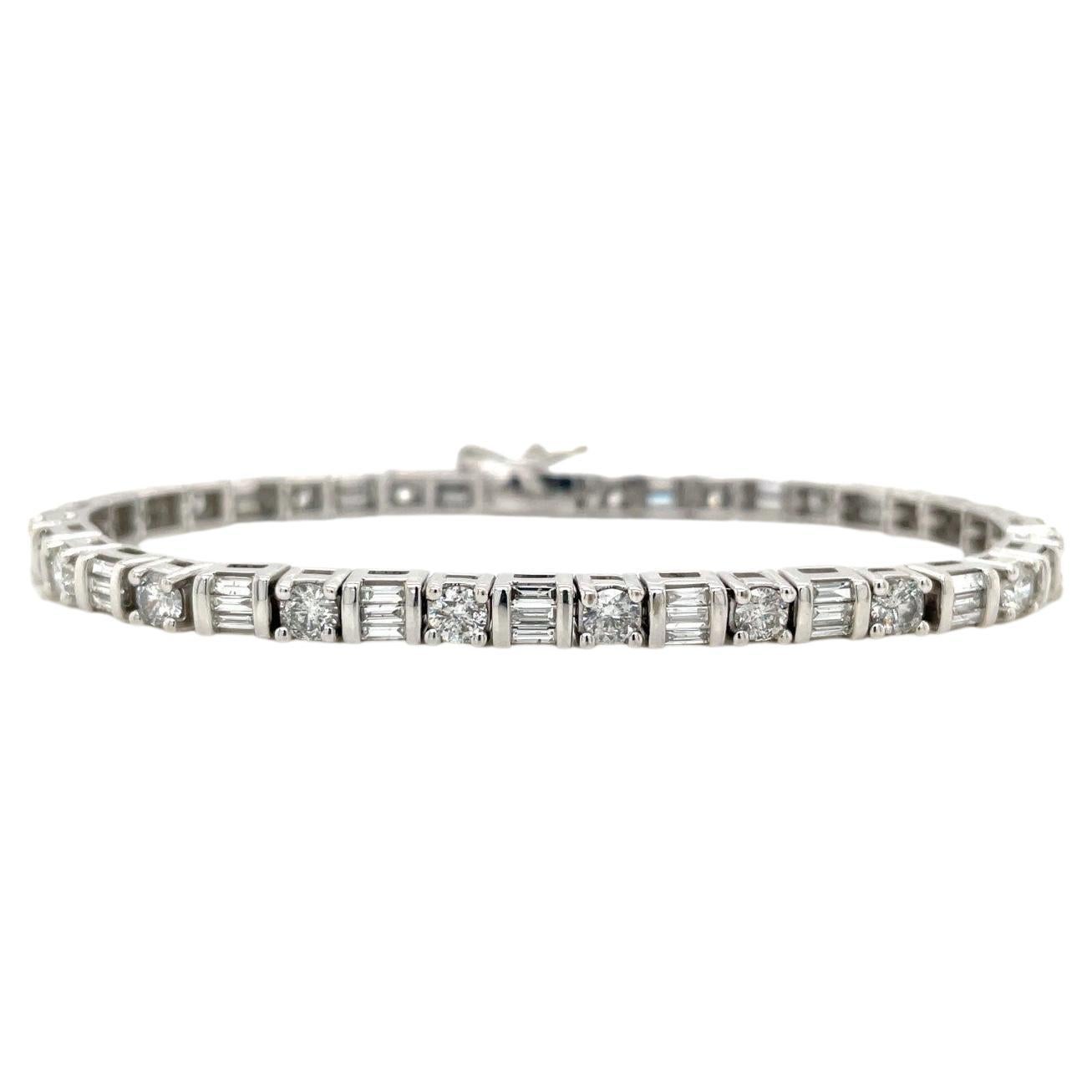 14K White Gold 4 7/8 cttw Baguette & Round Brilliant-Cut Diamond Channel- & Prong-Set Tennis Bracelet (I-J Color, I1-I2 Clarity) - Size 7.25