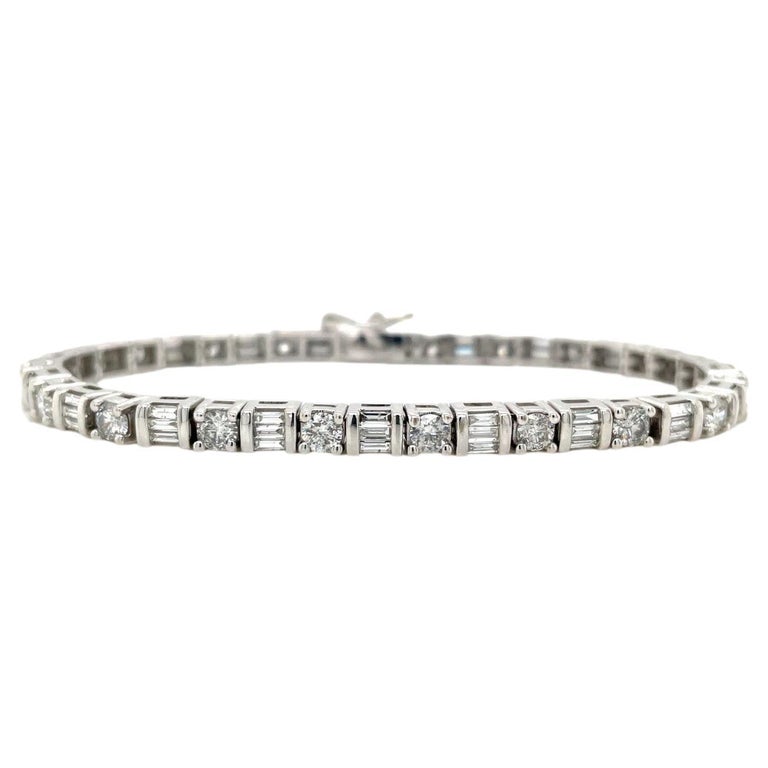 7.60tcw Round and Baguette Diamond Tennis Bracelet in 14k White Gold For Sale at 1stDibs
