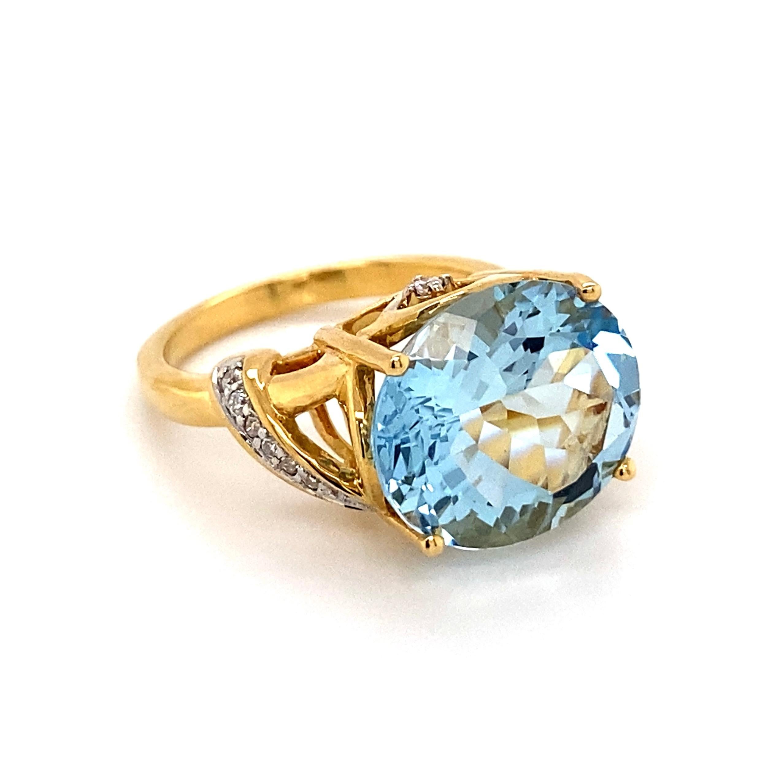 Simply Beautiful! Finely detailed Aquamarine and Diamond Art Deco Revival Cocktail Ring. Centering a Hand set securely nestled 7.61 Carat Oval Aquamarine, surround accented by Round Brilliant-Cut Diamonds, weighing approx. 0.10tcw including sides