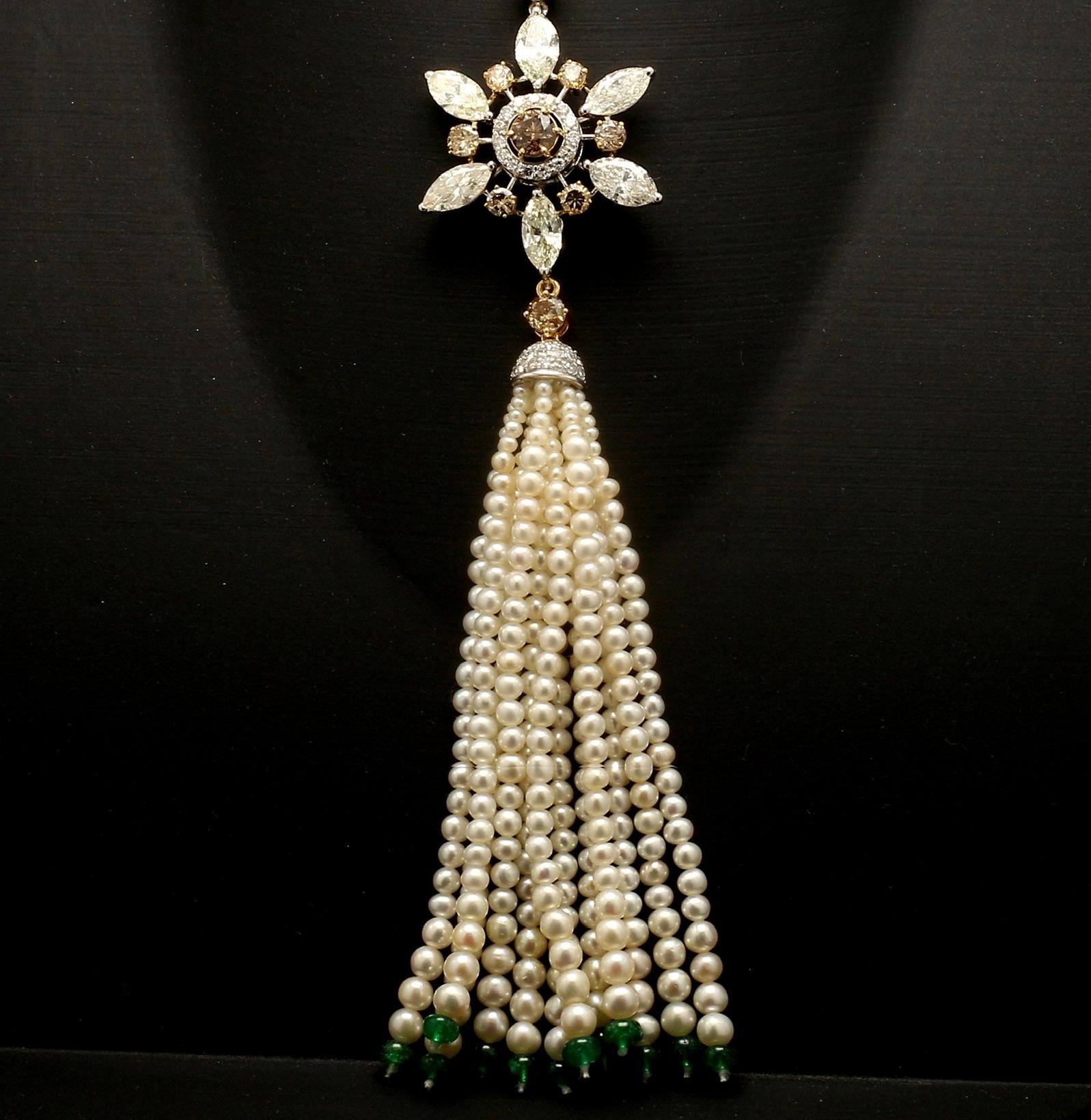 **All jewellery is one-of-a-kind**
**Hallmarked with diamond weight and gold purity**

Total diamond weight is 7.61 carats (not including pearls or emeralds)
Total Weight 32.47g with pearl tassel and 18.05g without pearl tassel 

*Pearl and emerald