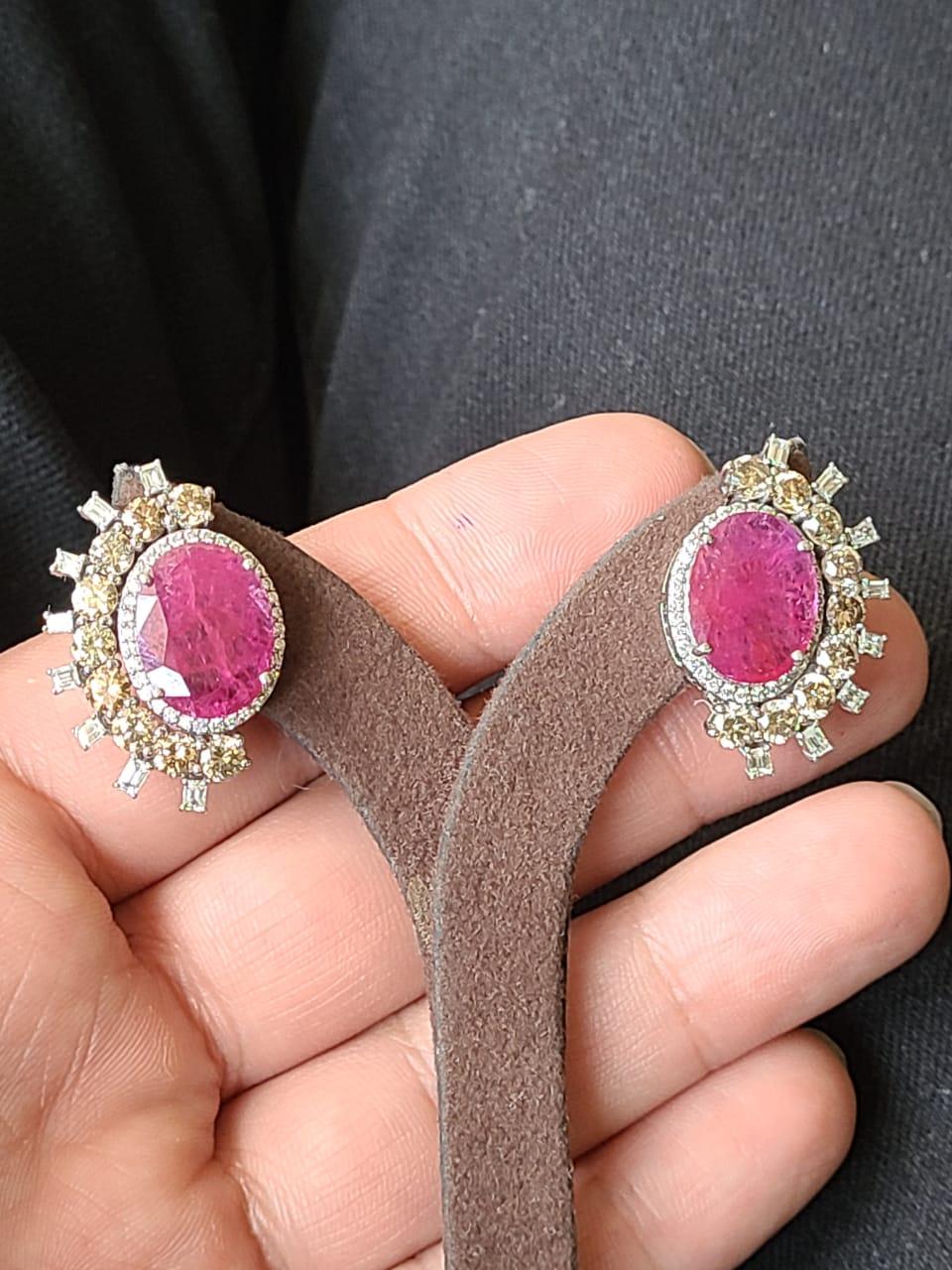 Modern 7.61 Carat Natural Un-Heat Ruby and Diamond Studs Set in 18 Karat Gold