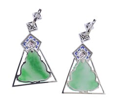 76.12ctw Carved Jadeite Jade Diamond Sapphire Onyx Gold Drop Earrings
