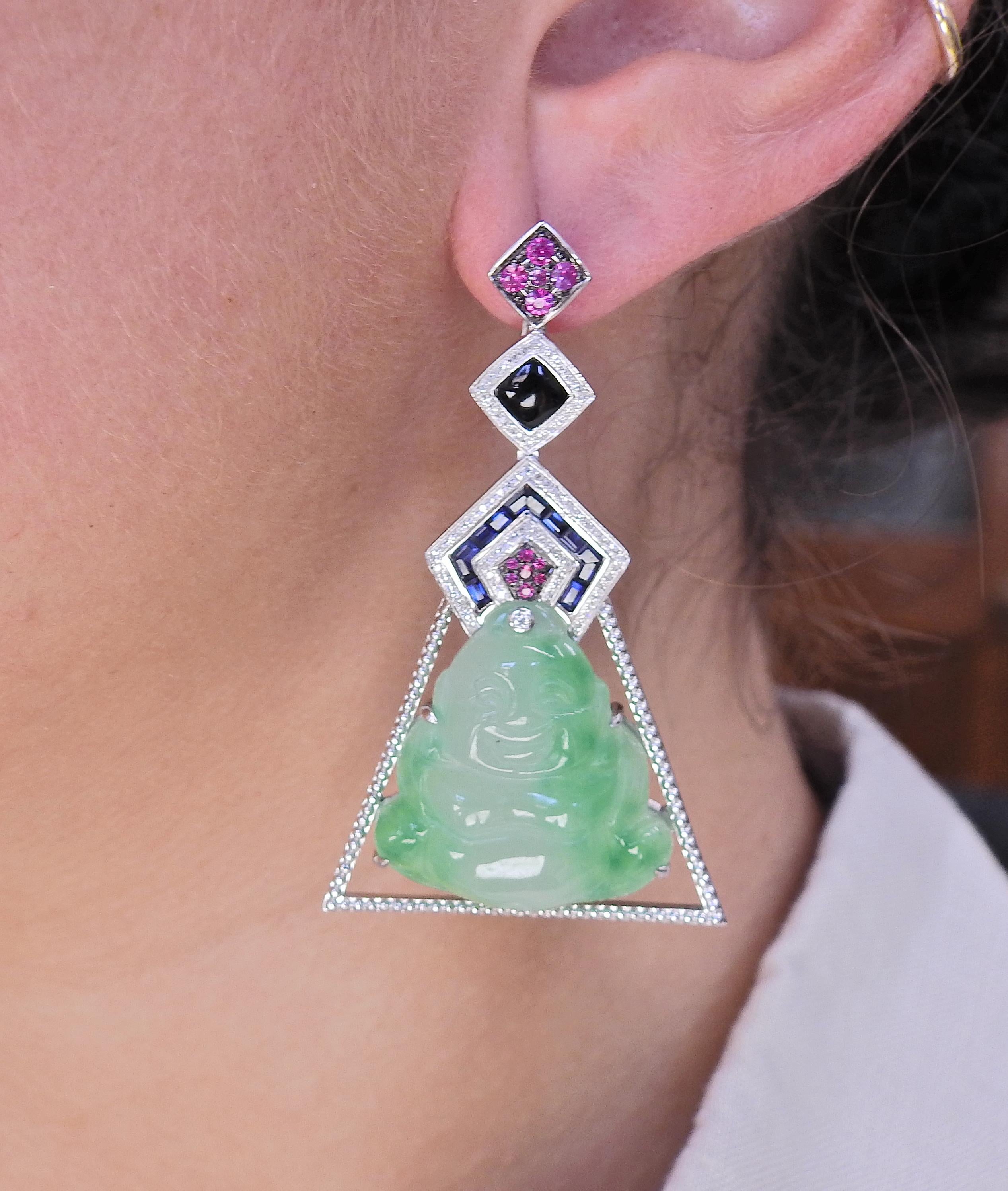 76.12ctw Carved Jadeite Jade Diamond Sapphire Onyx Gold Drop Earrings In Excellent Condition For Sale In New York, NY