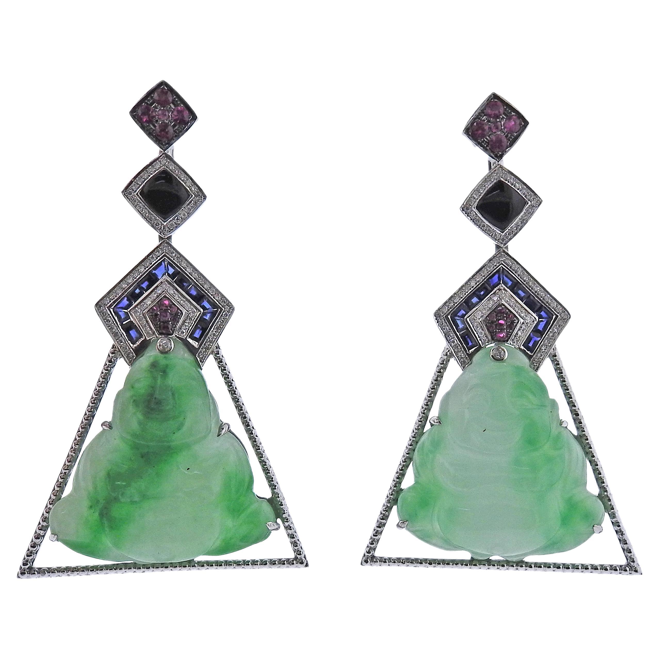 76.12ctw Carved Jadeite Jade Diamond Sapphire Onyx Gold Drop Earrings For Sale