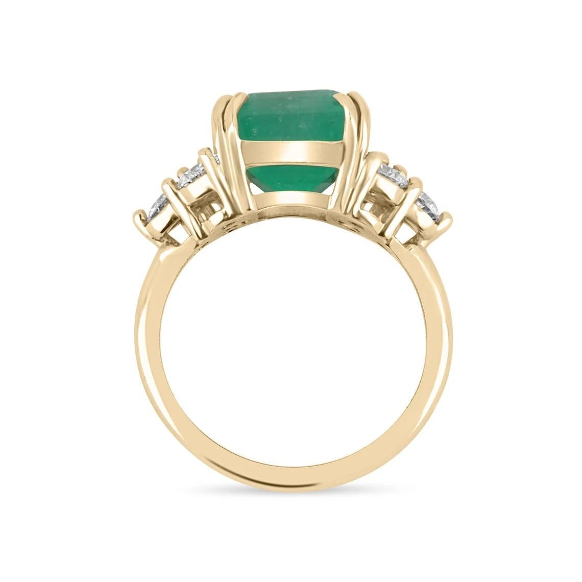 Modern 7.61tcw 18K Colombian Emerald-Emerald Cut & Diamond Accent Engagement Ring For Sale