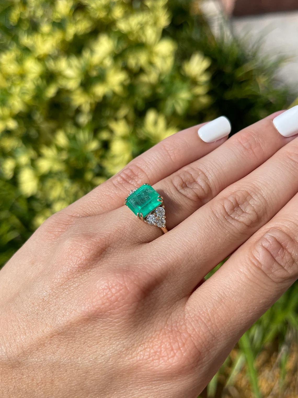 Women's 7.61tcw 18K Colombian Emerald-Emerald Cut & Diamond Accent Engagement Ring For Sale