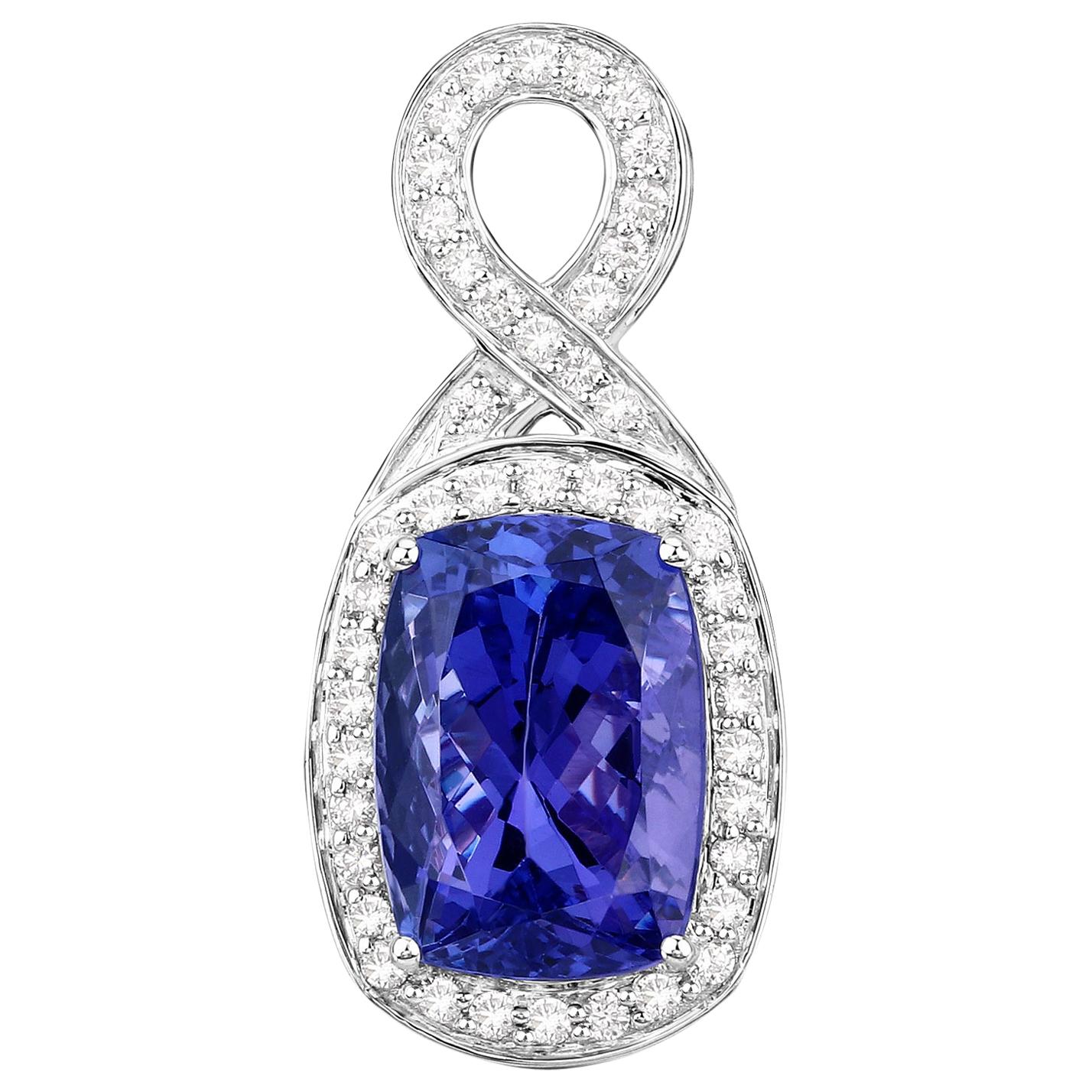 7.62 Carat Genuine Tanzanite and White Diamond 14 Karat White Gold Pendant