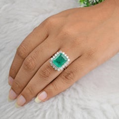 7.62 Carat Zambian Emerald Gemstone Diamond Halo Cocktail Ring 18K White Gold
