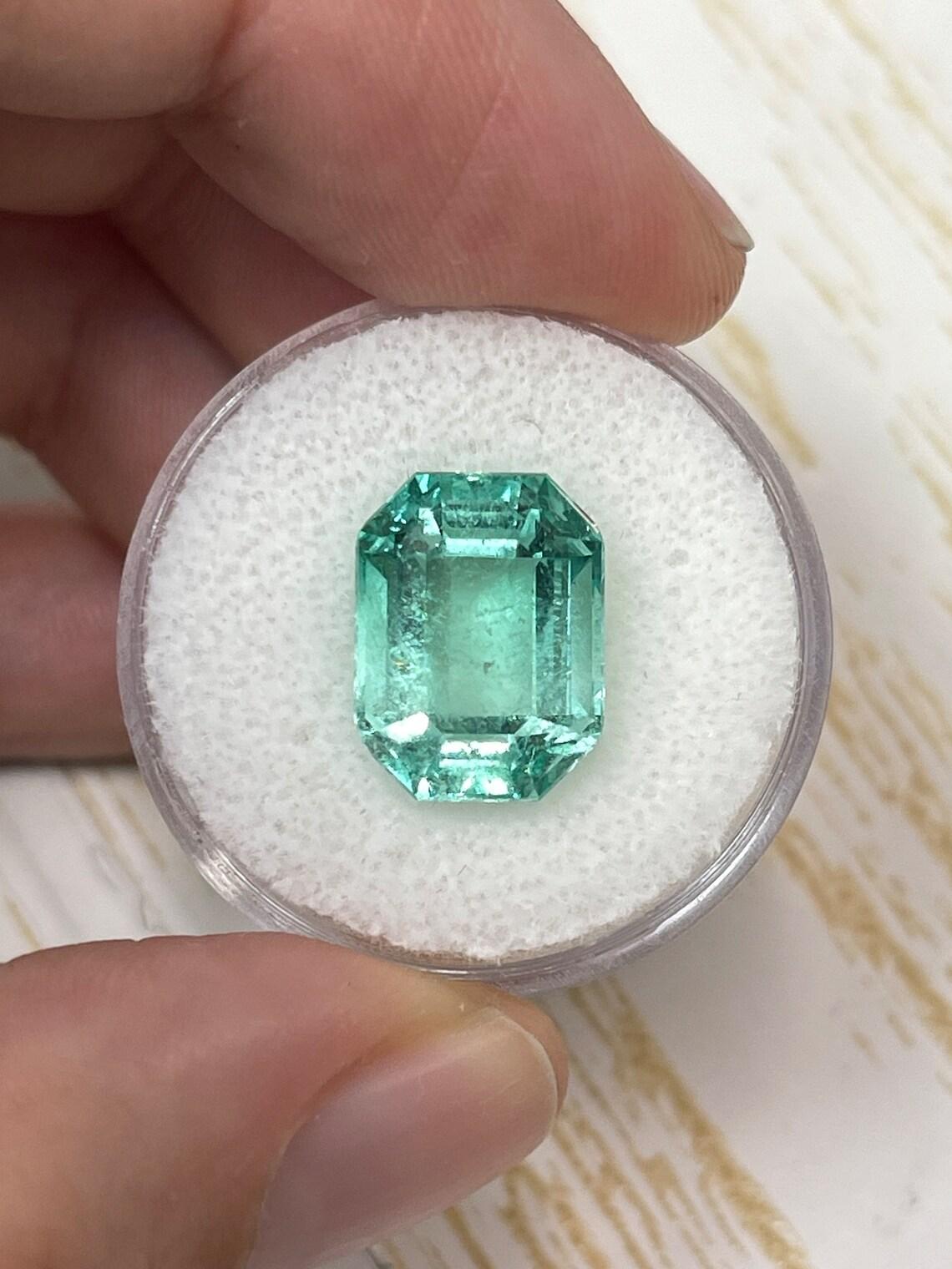 Stone: Emerald
Weight: 7.62-carats
Shape: Emerald Cut
Clarity: Transparent
Luster: Very Good
Color: Medium Light Green
Measurements: 13.27mm x 10.12mm x 8.08mm
Geographic Origin: Colombia
Treatment: Natural, Oiling

Comments: Due to their growth