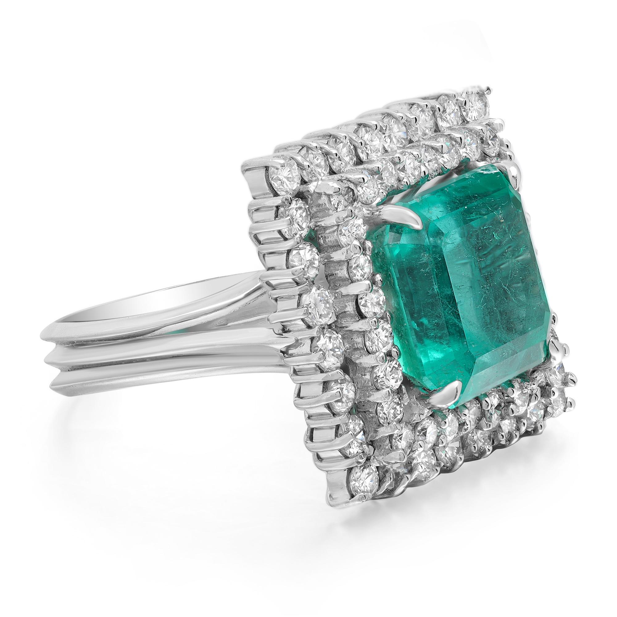 Square Cut 7.62Cttw Square Emerald & 2.06Cttw Diamond Cocktail Ring 18K White Gold For Sale