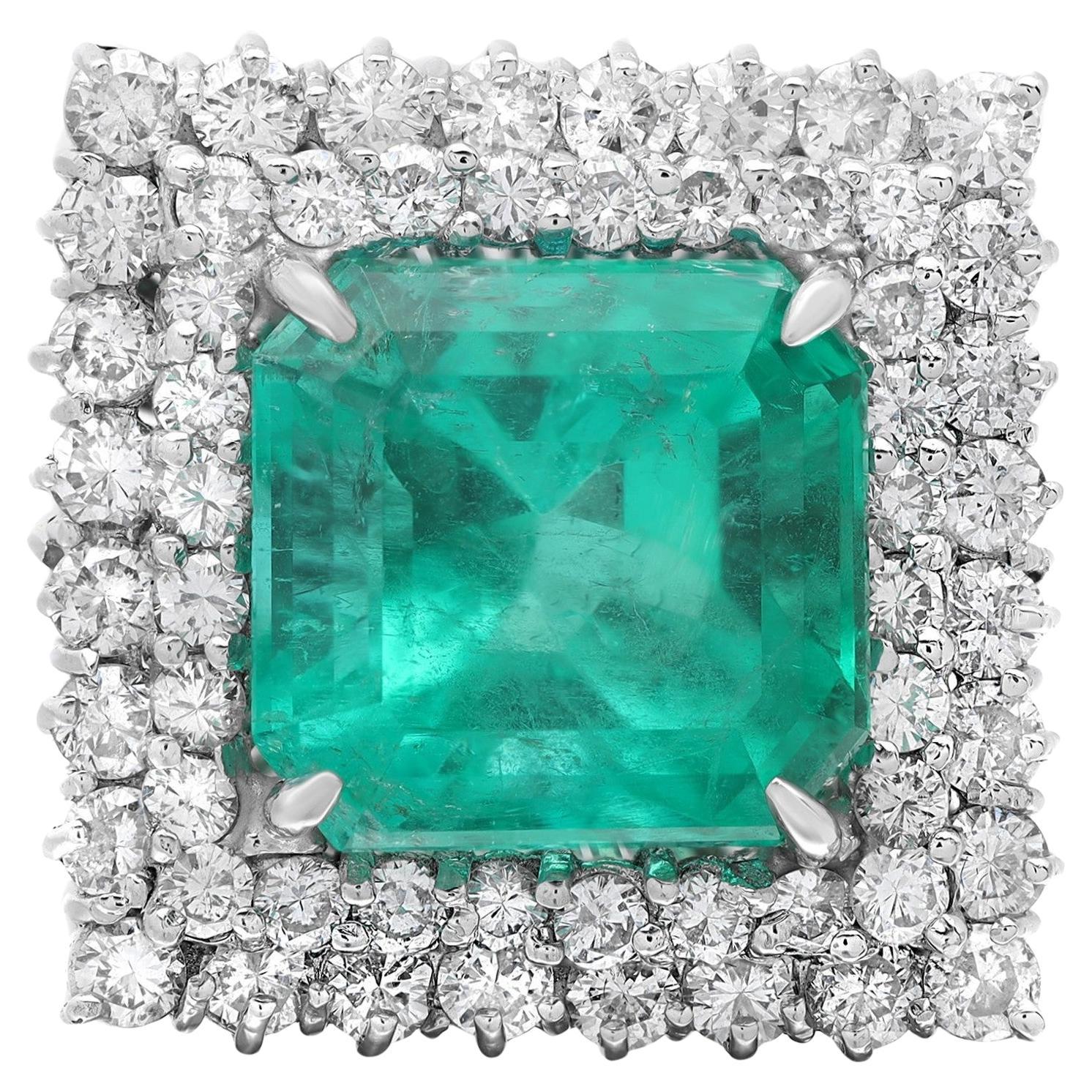 7.62Cttw Square Emerald & 2.06Cttw Diamond Cocktail Ring 18K White Gold For Sale