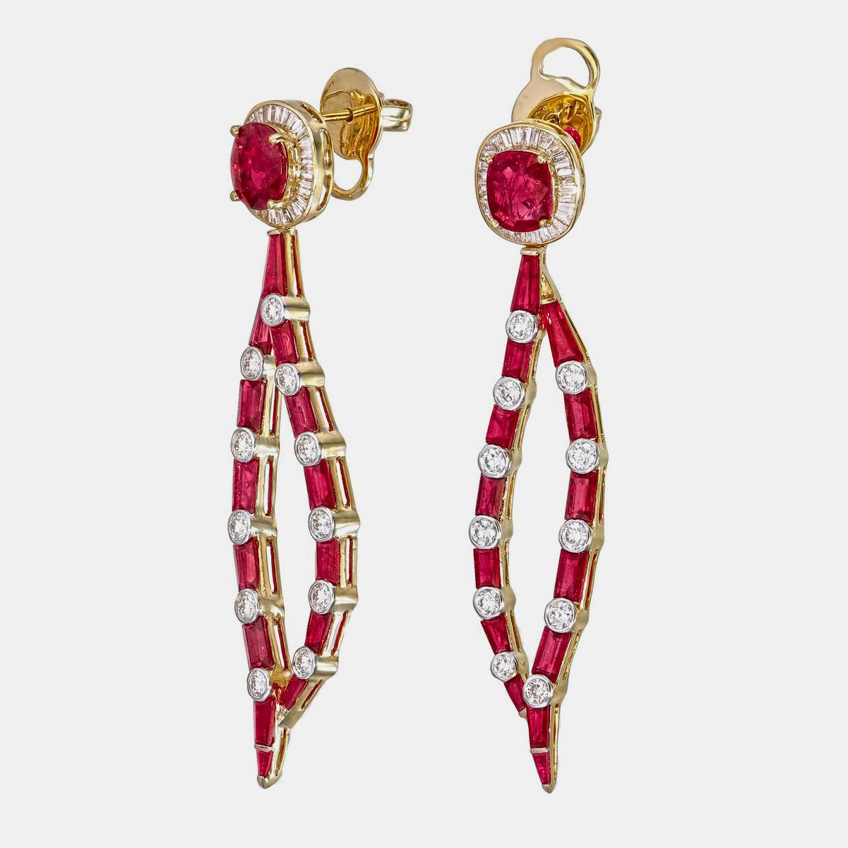 Modern 7.63 Carat No Heat Burmese Ruby and Diamond Earrings in 18 Karat Yellow Gold For Sale