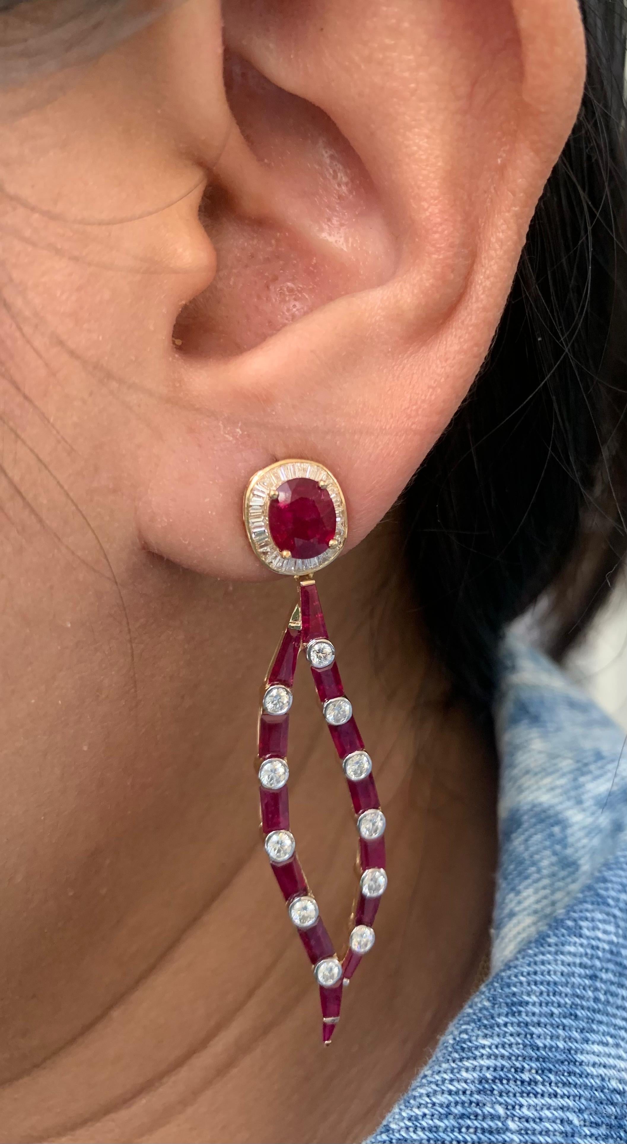 Tapered Baguette 7.63 Carat No Heat Burmese Ruby and Diamond Earrings in 18 Karat Yellow Gold For Sale