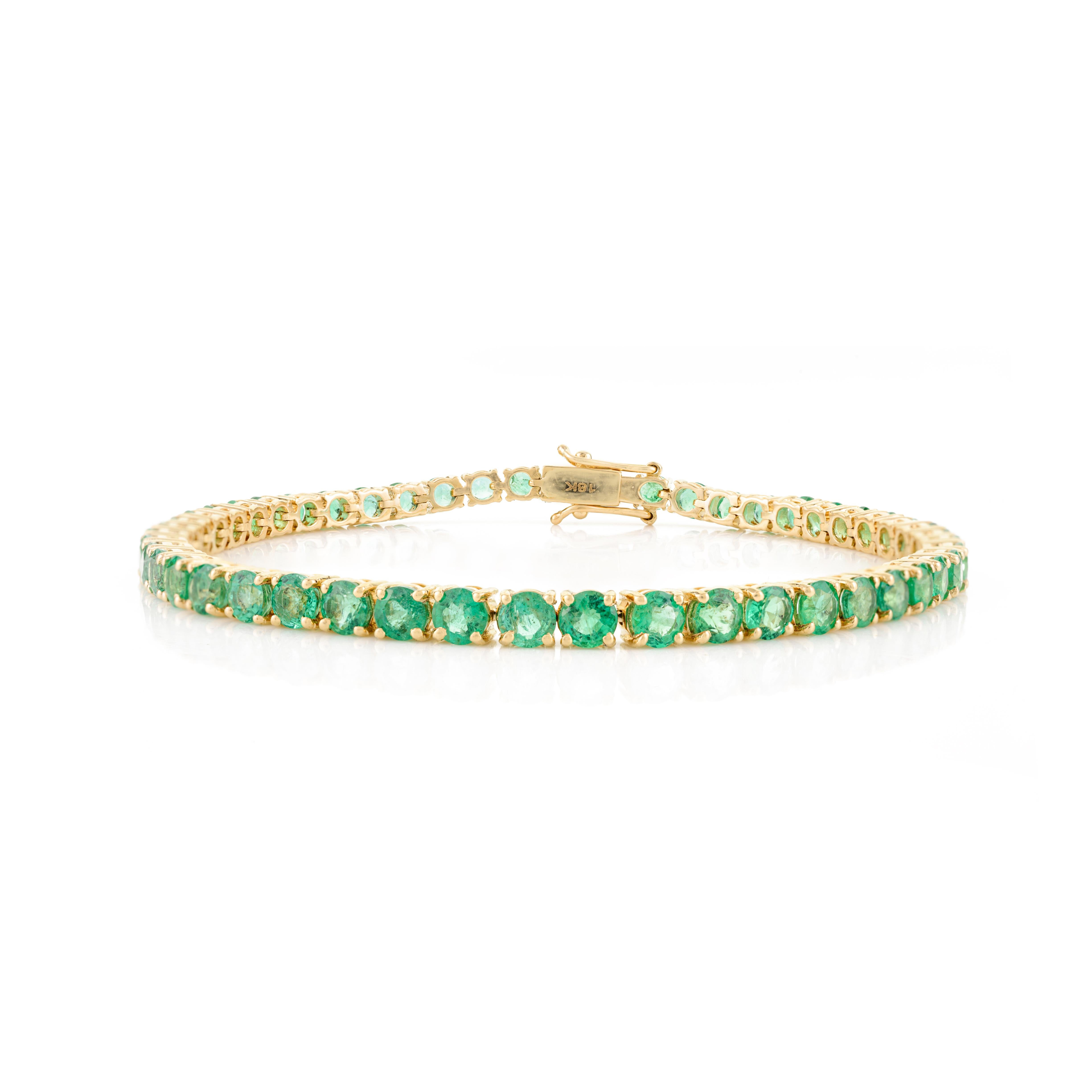 This 7.63 Carat Round Cut Emerald Stackable Tennis Bracelet in Solid 18k Yellow Gold showcases endlessly sparkling natural emerald, weighing 7.63 carats. It measures 7 inches long in length. 
Emerald enhances intellectual capacity of the
