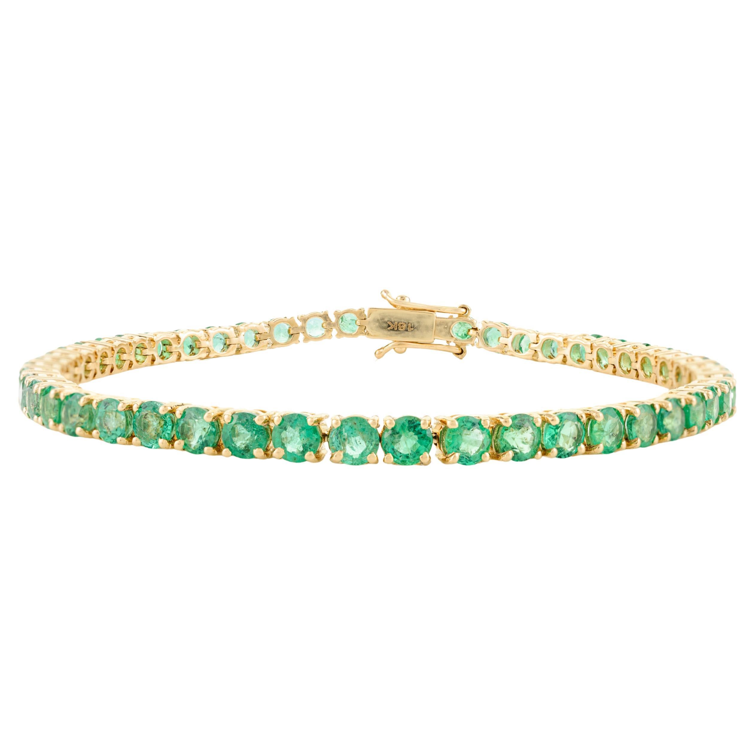7.63 Carat Round Cut Emerald Stackable Tennis Bracelet in Solid 18k Yellow Gold For Sale