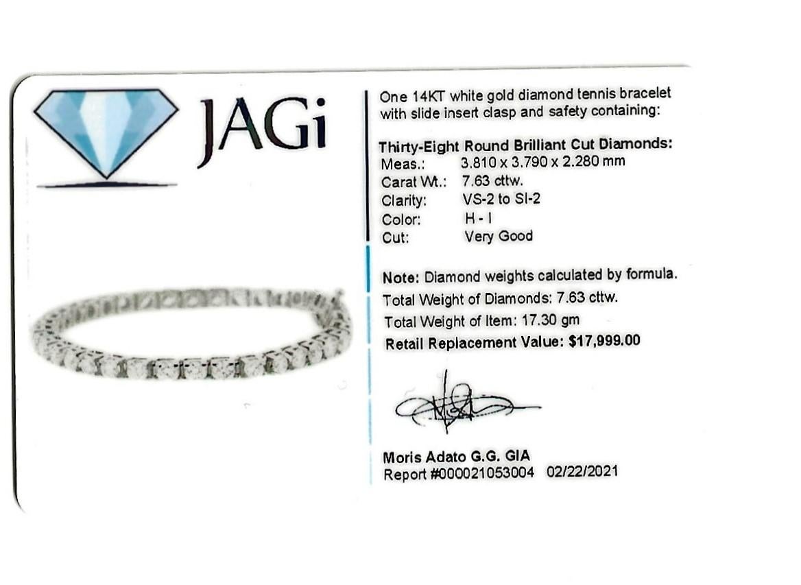 7.63 Carats Total Round Brilliant Diamond Tennis Bracelet in 14 Karat White Gold For Sale 5