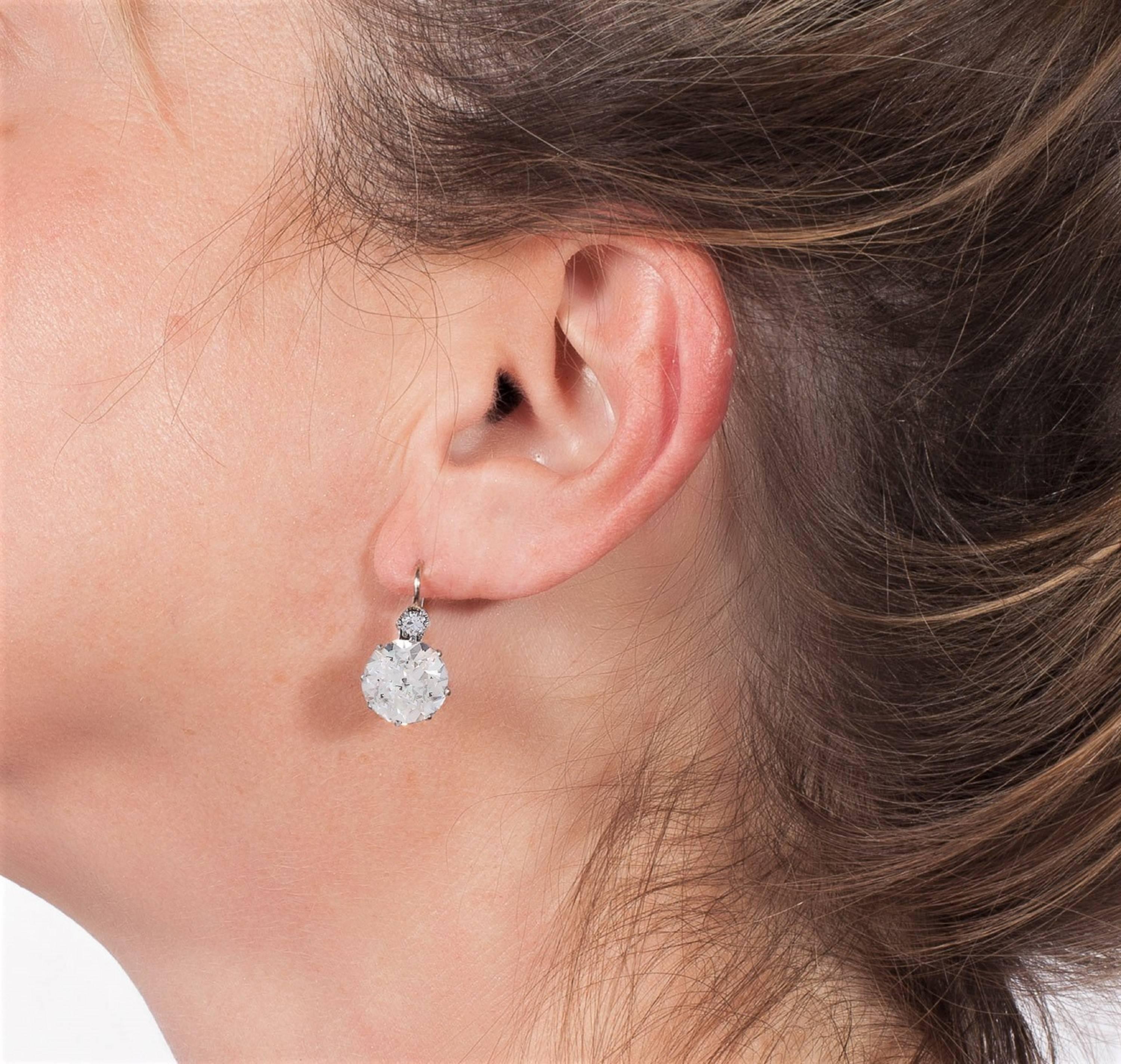 Old European Cut 7.64 Carat Diamond Platinum Two-Stone Earrings For Sale