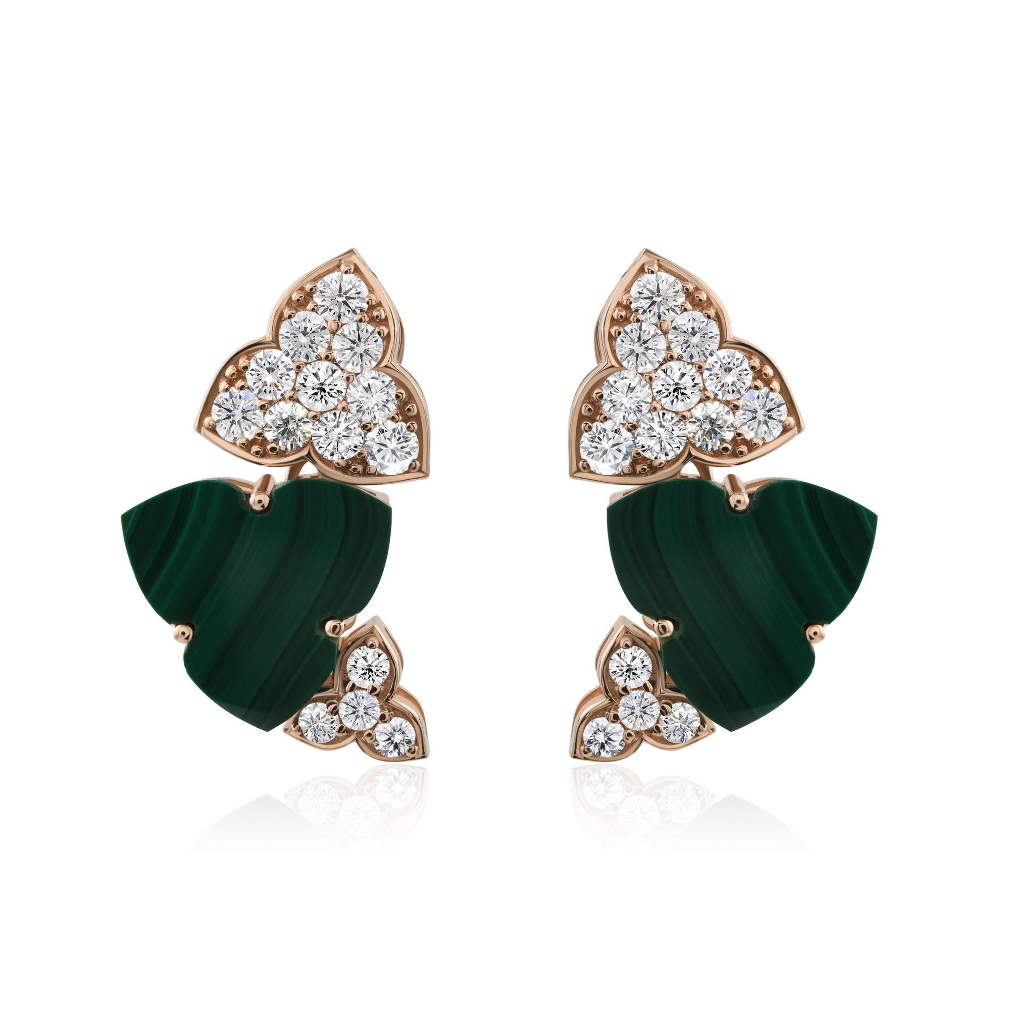 Pendientes de malaquita de 7,64 quilates y diamantes SI/H de 1,80 quilates Joyas de oro rosa de 18 quilates en Nuevo estado para la venta en Diera, AE