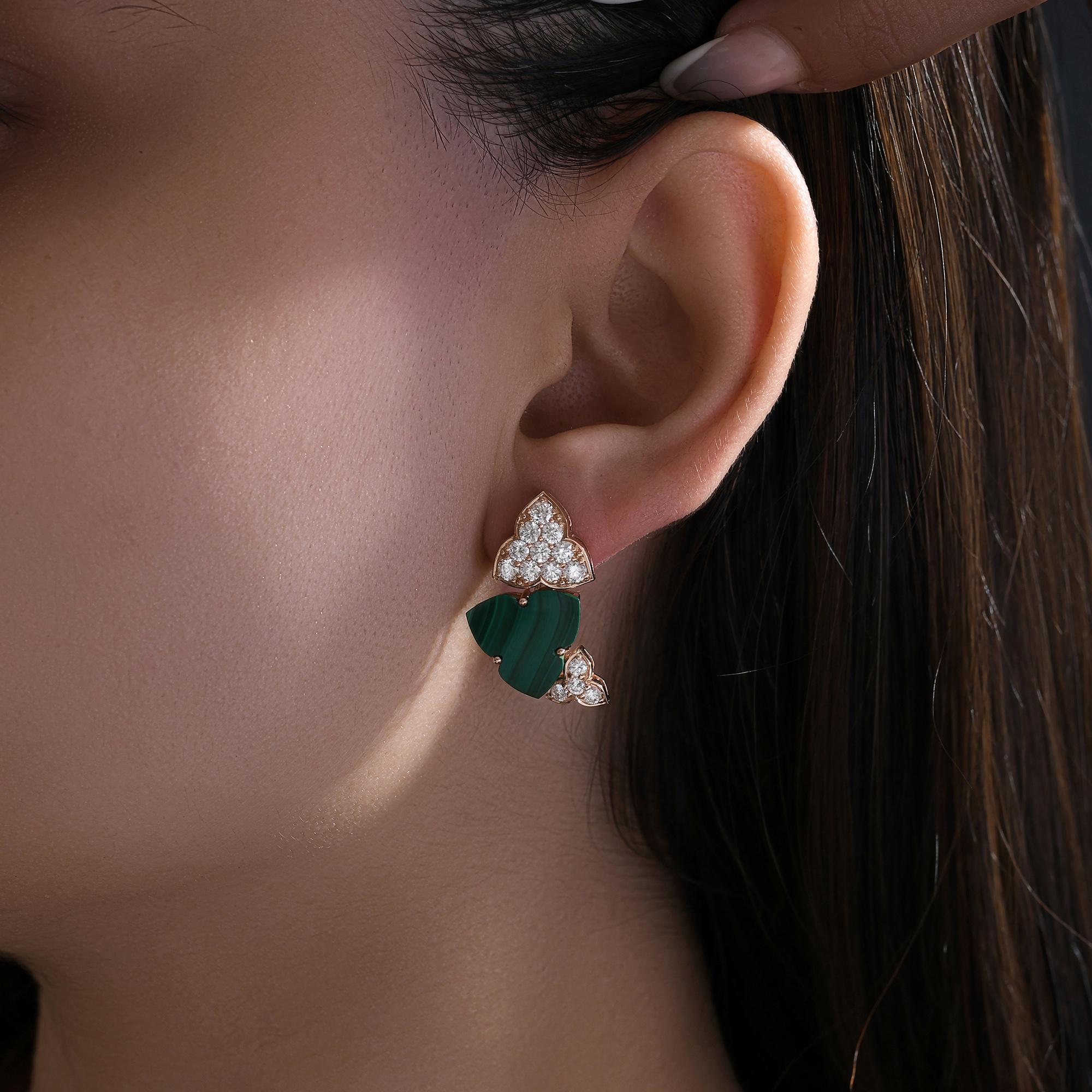 De las mujeres Pendientes de malaquita de 7,64 quilates y diamantes SI/H de 1,80 quilates Joyas de oro rosa de 18 quilates en venta