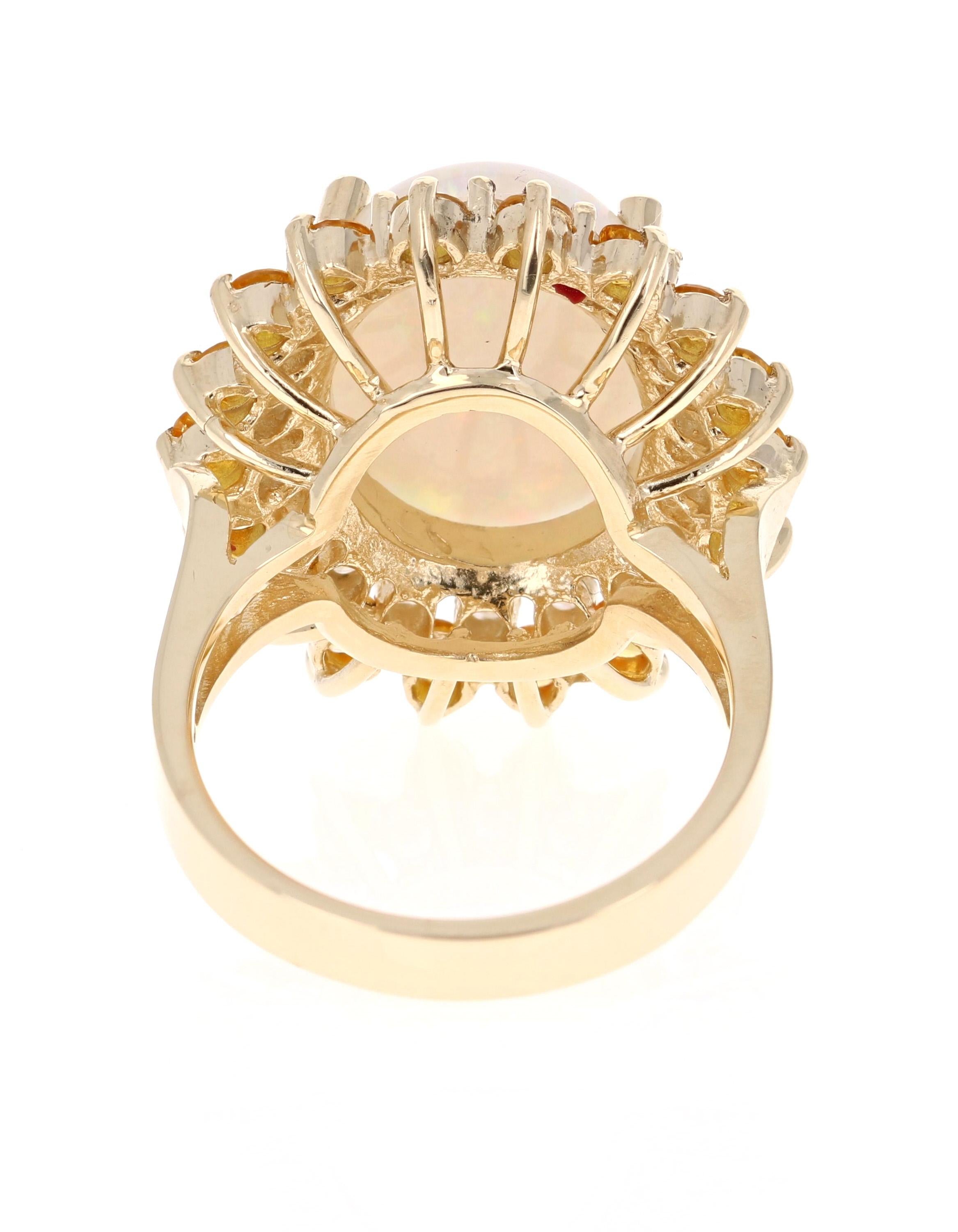 Contemporary 7.64 Carat Opal Yellow Sapphire and Diamond 14 Karat Yellow Gold Cocktail Ring For Sale