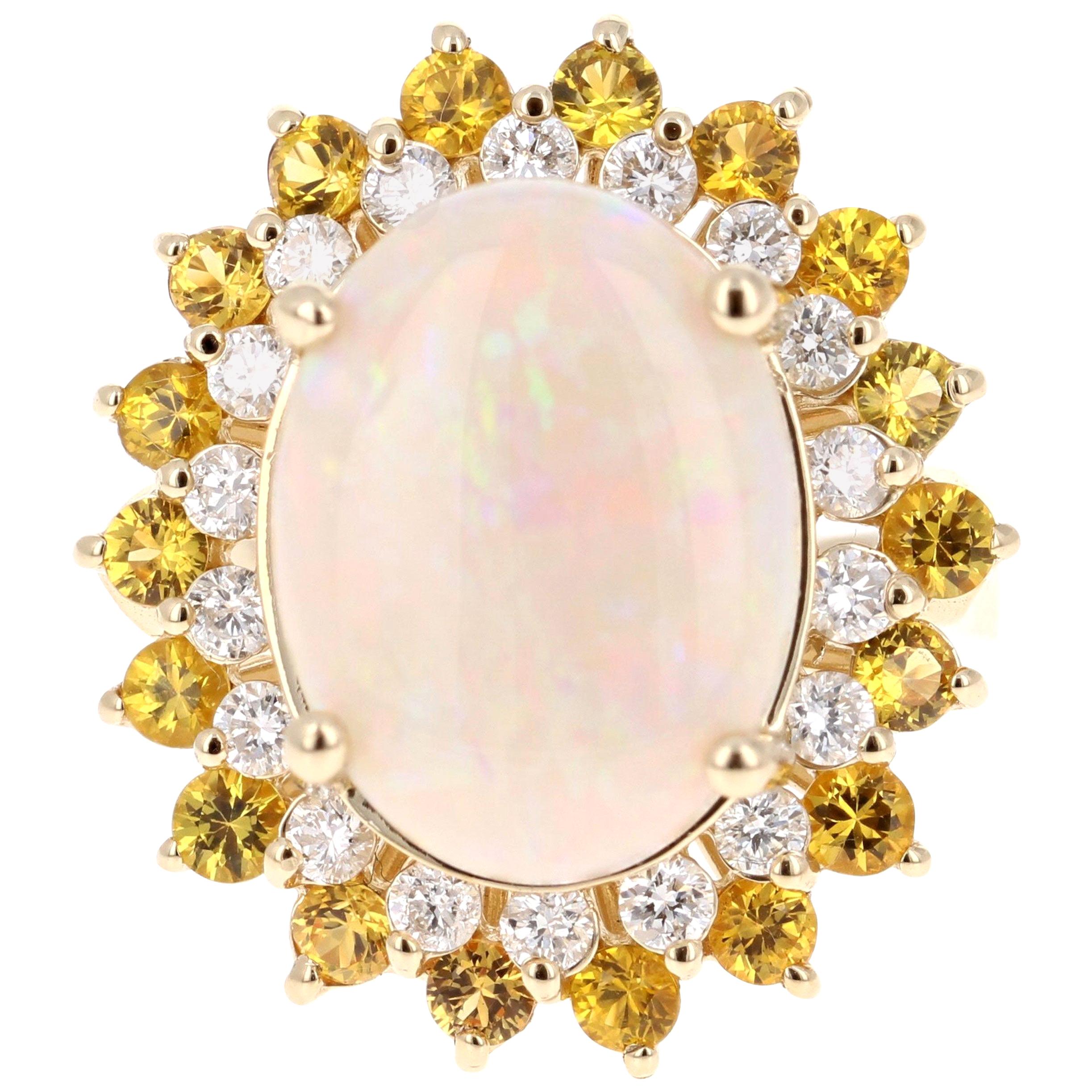 7.64 Carat Opal Yellow Sapphire and Diamond 14 Karat Yellow Gold Cocktail Ring For Sale