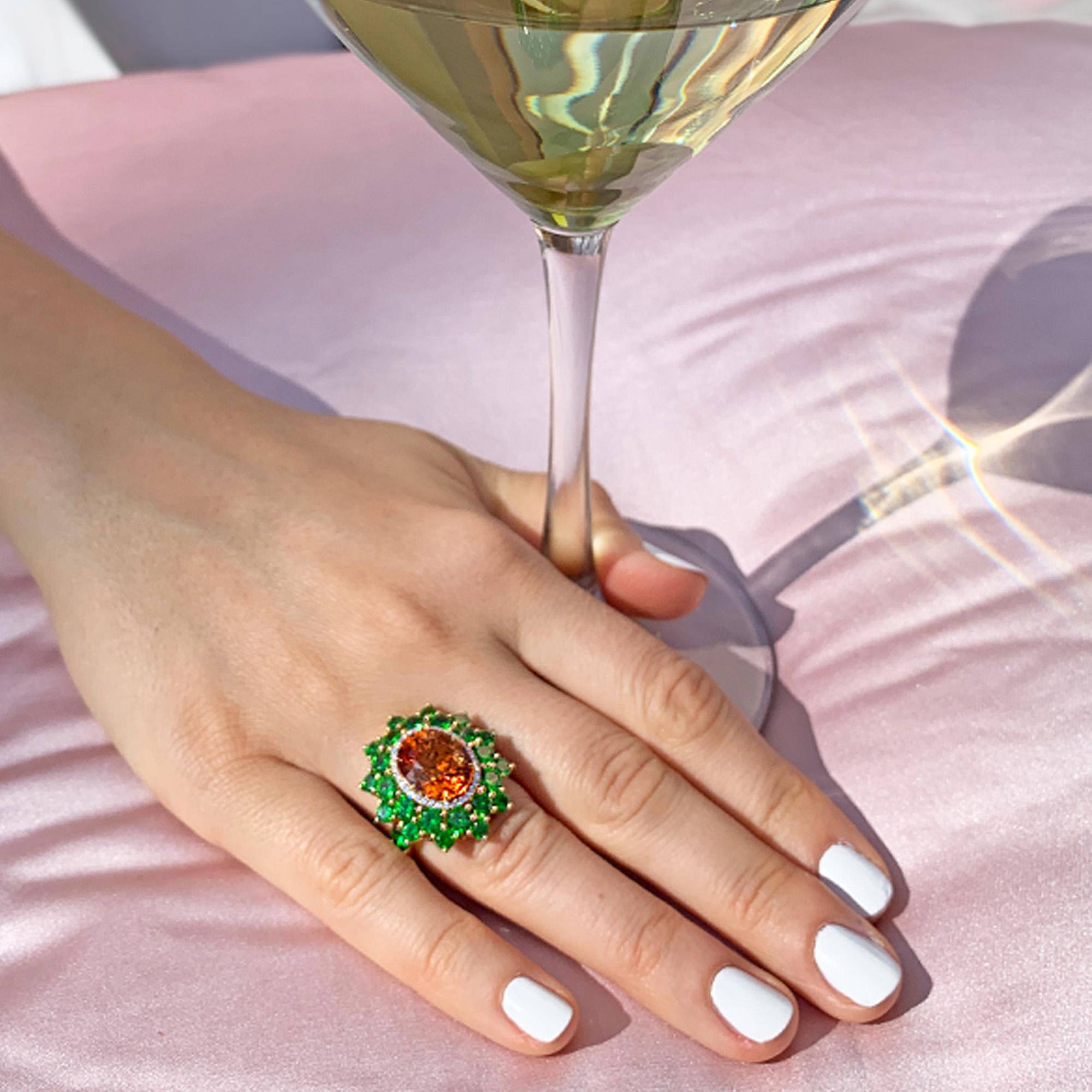 7,64 Karat Spessartin Russischer Demantoid Diamant 18 Karat Gold Mode Ring Damen im Angebot