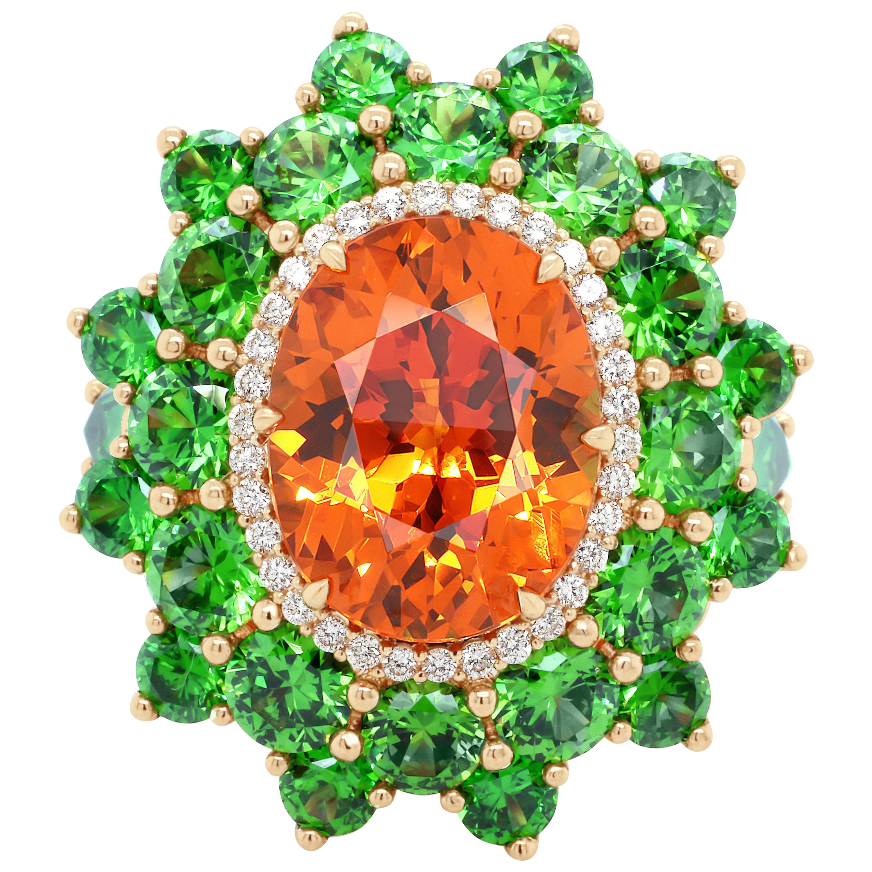 7.64 Carat Spessartine Russian Demantoid Diamond 18 Karat Gold Fashion Ring