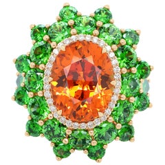 Bague à la mode en or 18 carats avec diamants démantoïdes russes spessartines de 7,64 carats