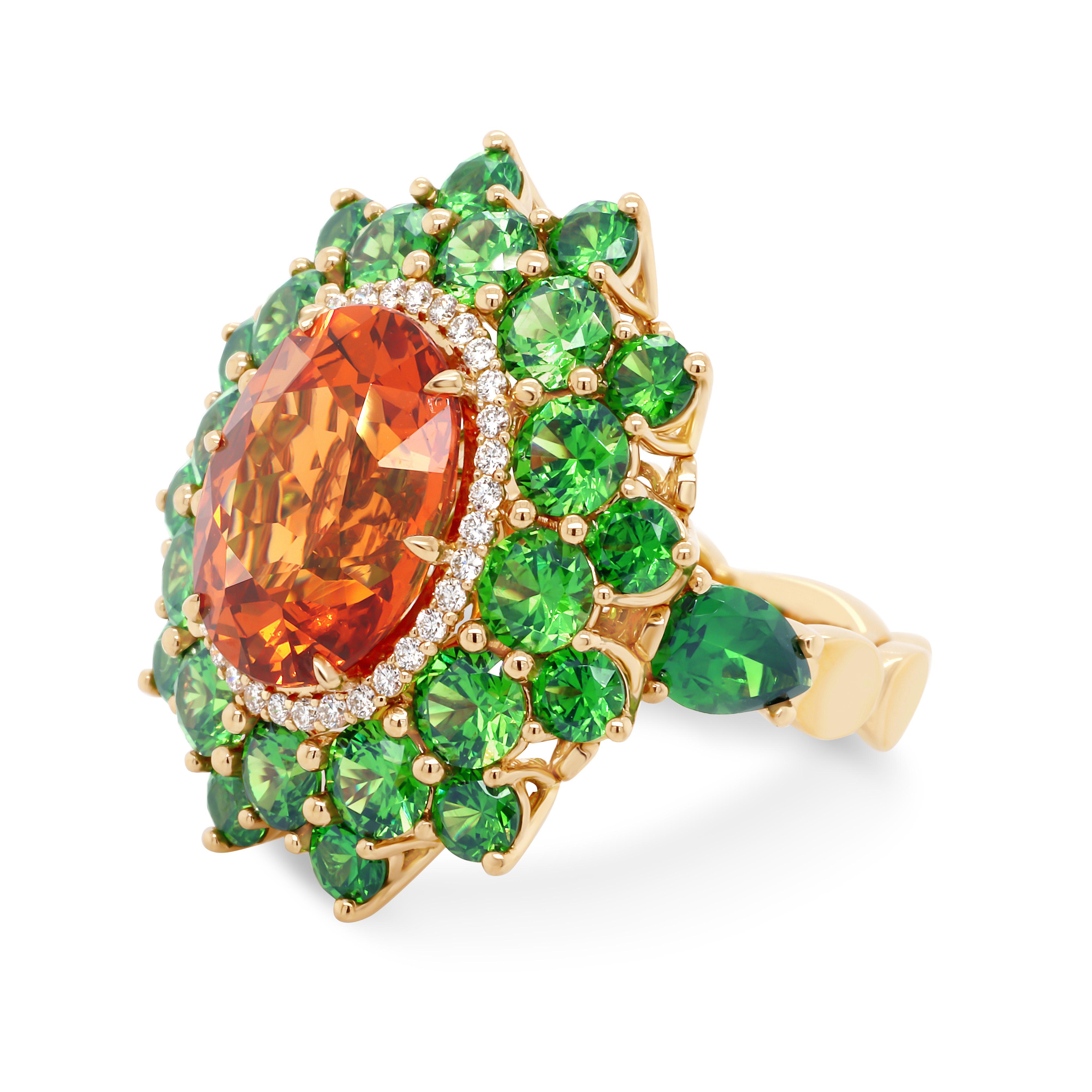 Exceptional posh 18 KT Yellow Gold Ring with 7.64 ct Spessartine. Center stone accented with unique Russian Demantoids totaling 6.13 ct. The ring is also set with Diamonds G-H color and VVS1 clarity, the total weight of 0.2 ct.
Because Spessartine