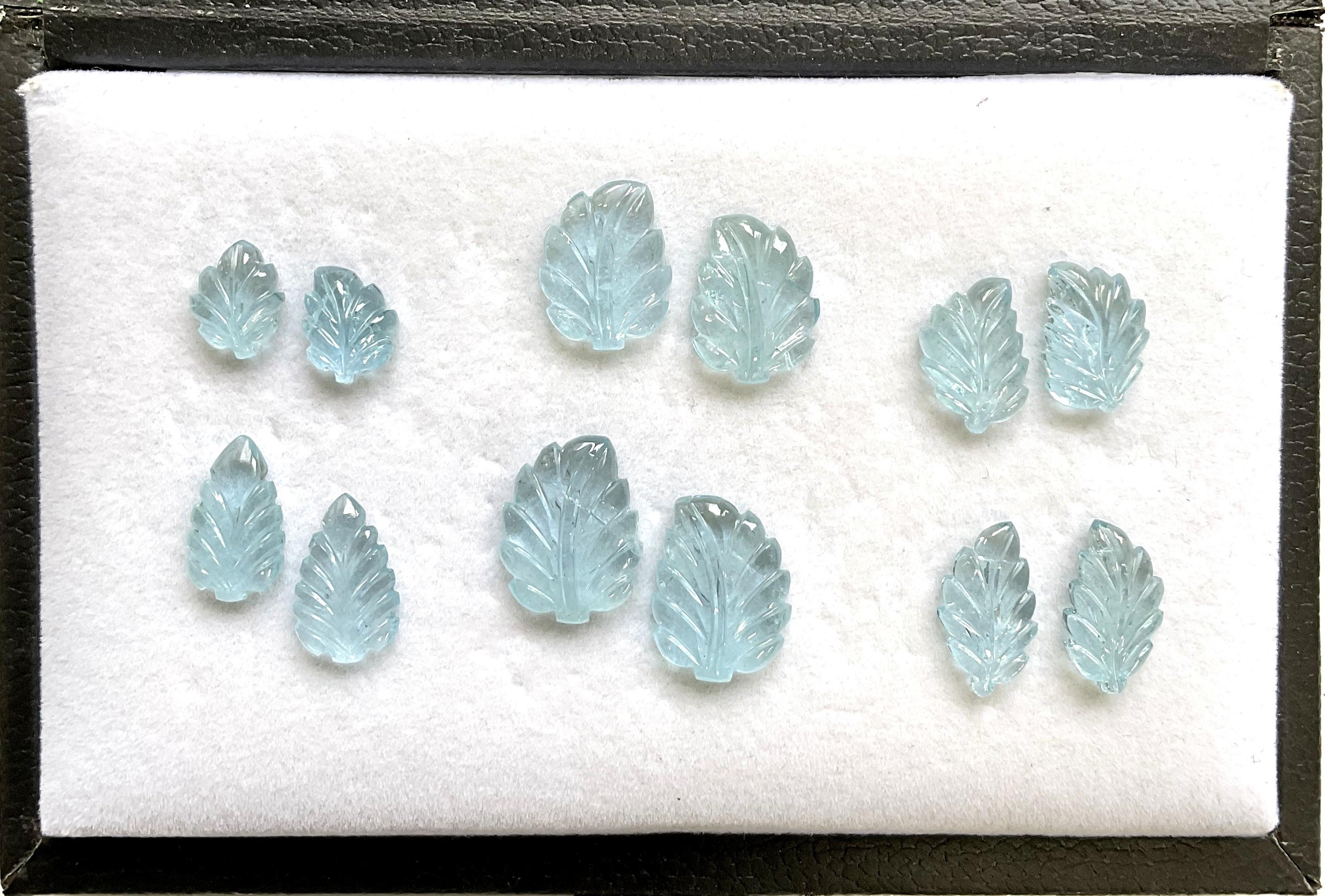 Art Deco 76.40 carats Aquamarine Carved Leaf 12 Pieces Fine Jewelry Making Natural Gem For Sale