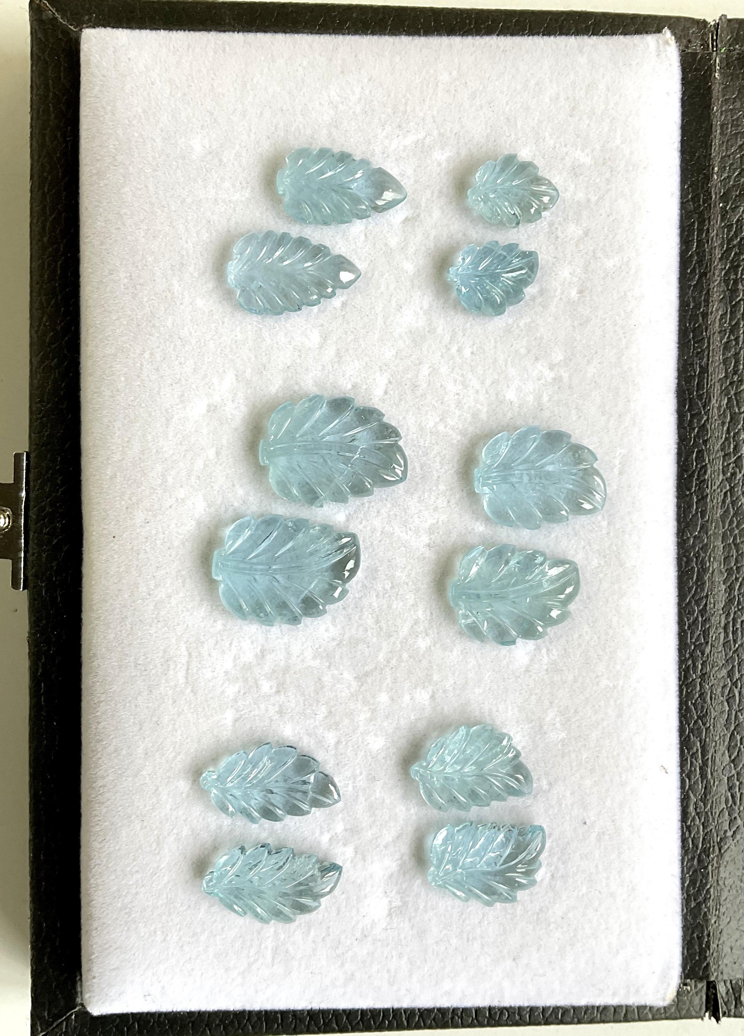 Uncut 76.40 carats Aquamarine Carved Leaf 12 Pieces Fine Jewelry Making Natural Gem For Sale