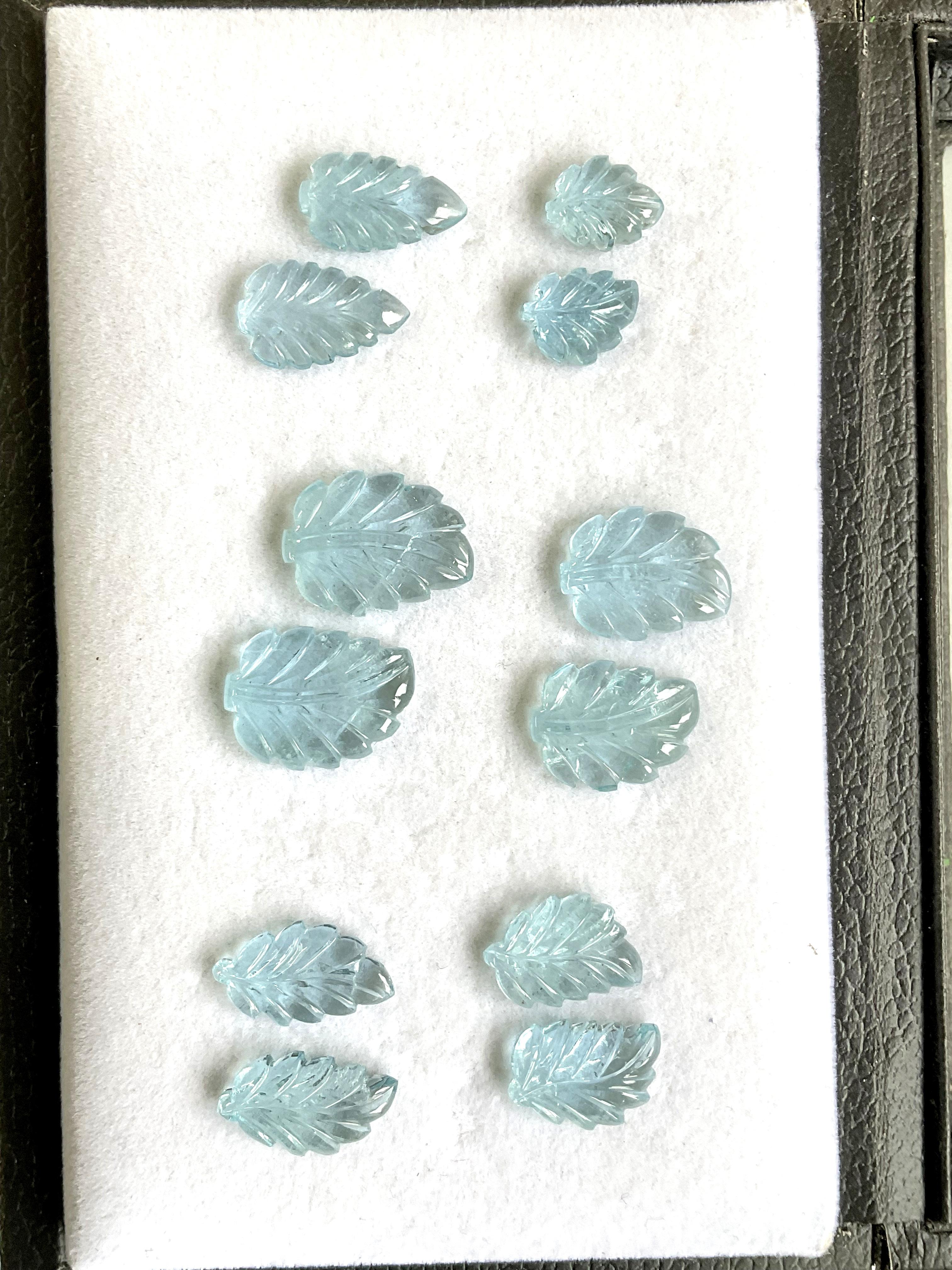76.40 carats Aquamarine Carved Leaf 12 Pieces Fine Jewelry Making Natural Gem In New Condition For Sale In Jaipur, RJ