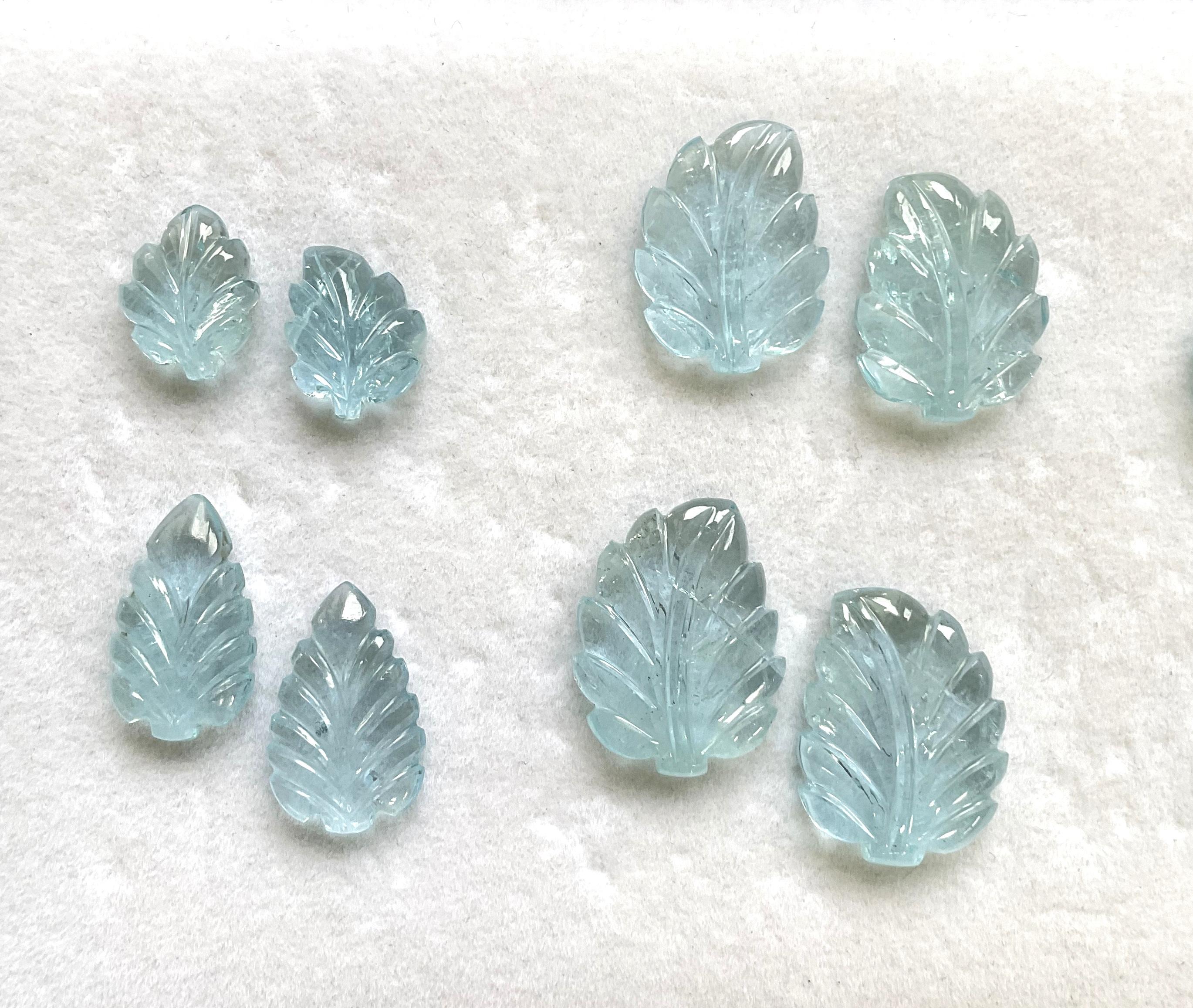 Women's or Men's 76.40 carats Aquamarine Carved Leaf 12 Pieces Fine Jewelry Making Natural Gem For Sale