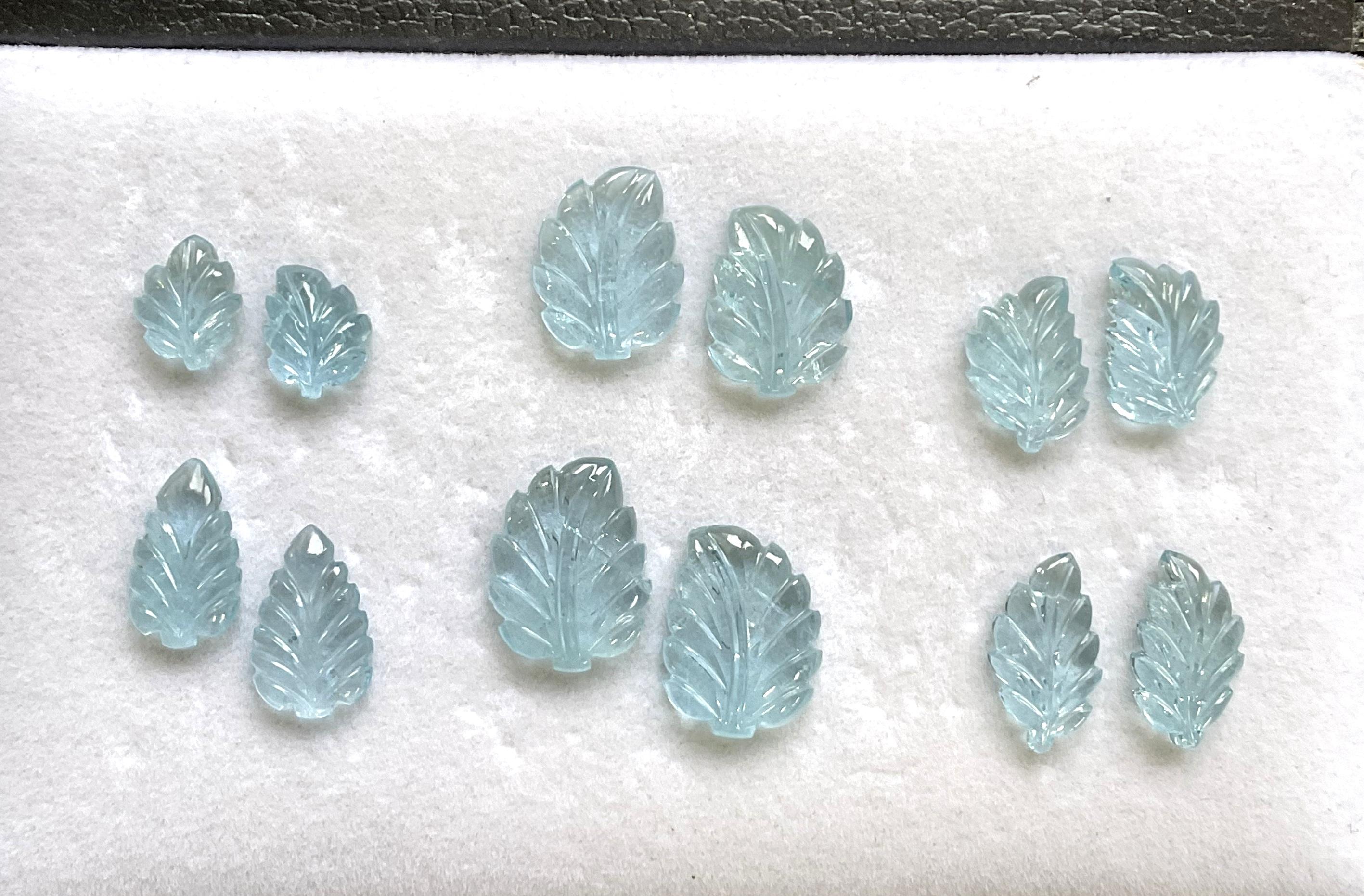 76.40 carats Aquamarine Carved Leaf 12 Pieces Fine Jewelry Making Natural Gem For Sale 2