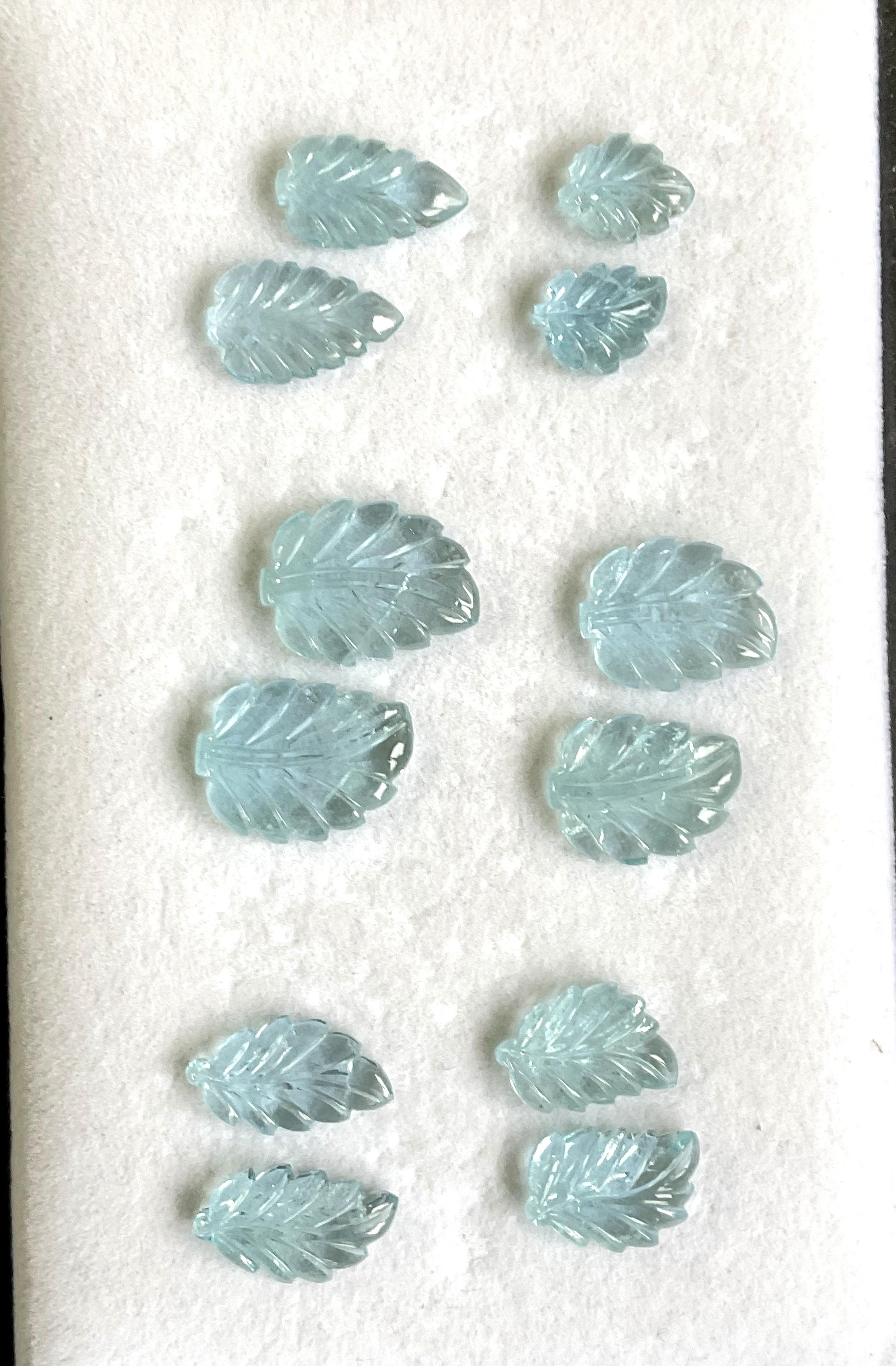 76.40 carats Aquamarine Carved Leaf 12 Pieces Fine Jewelry Making Natural Gem For Sale 3