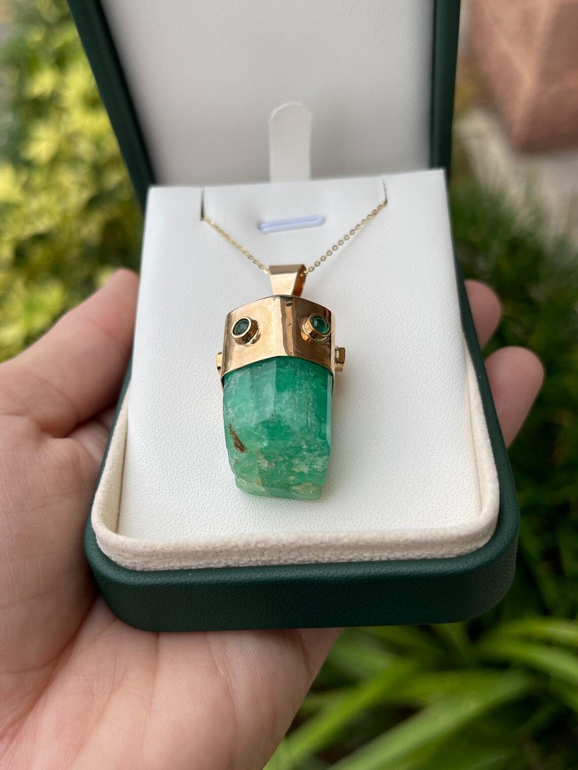 Modern 76.40tcw 14K Natural Colombian Emerald Raw Rough Crystal Unisex Pendant Necklace For Sale
