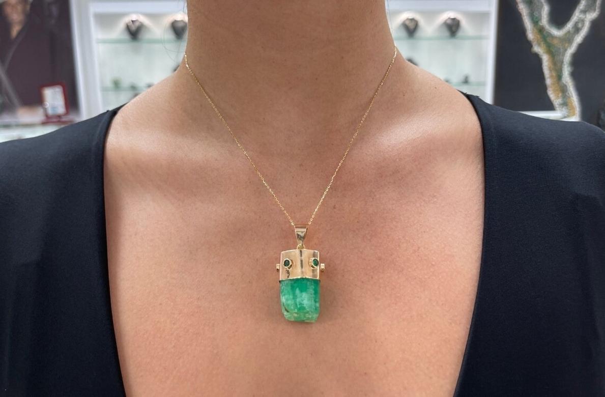 Rough Cut 76.40tcw 14K Natural Colombian Emerald Raw Rough Crystal Unisex Pendant Necklace For Sale