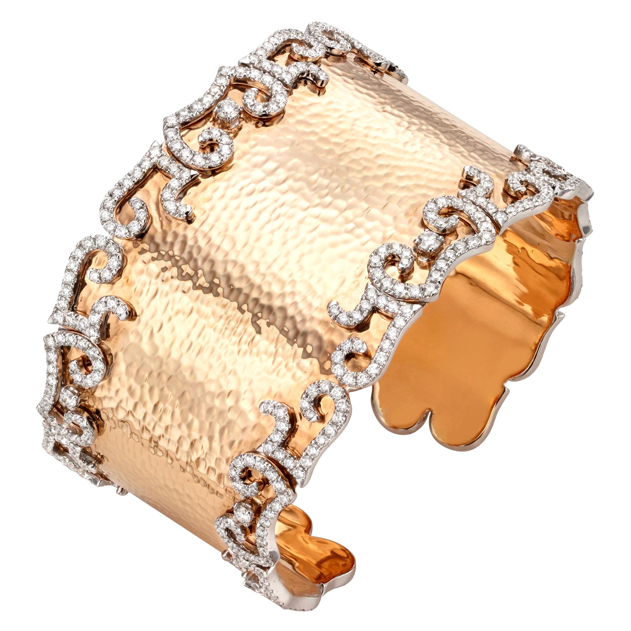 7.65 Carat Diamond 18 Karat Hammered Rose Gold Cuff Bangle