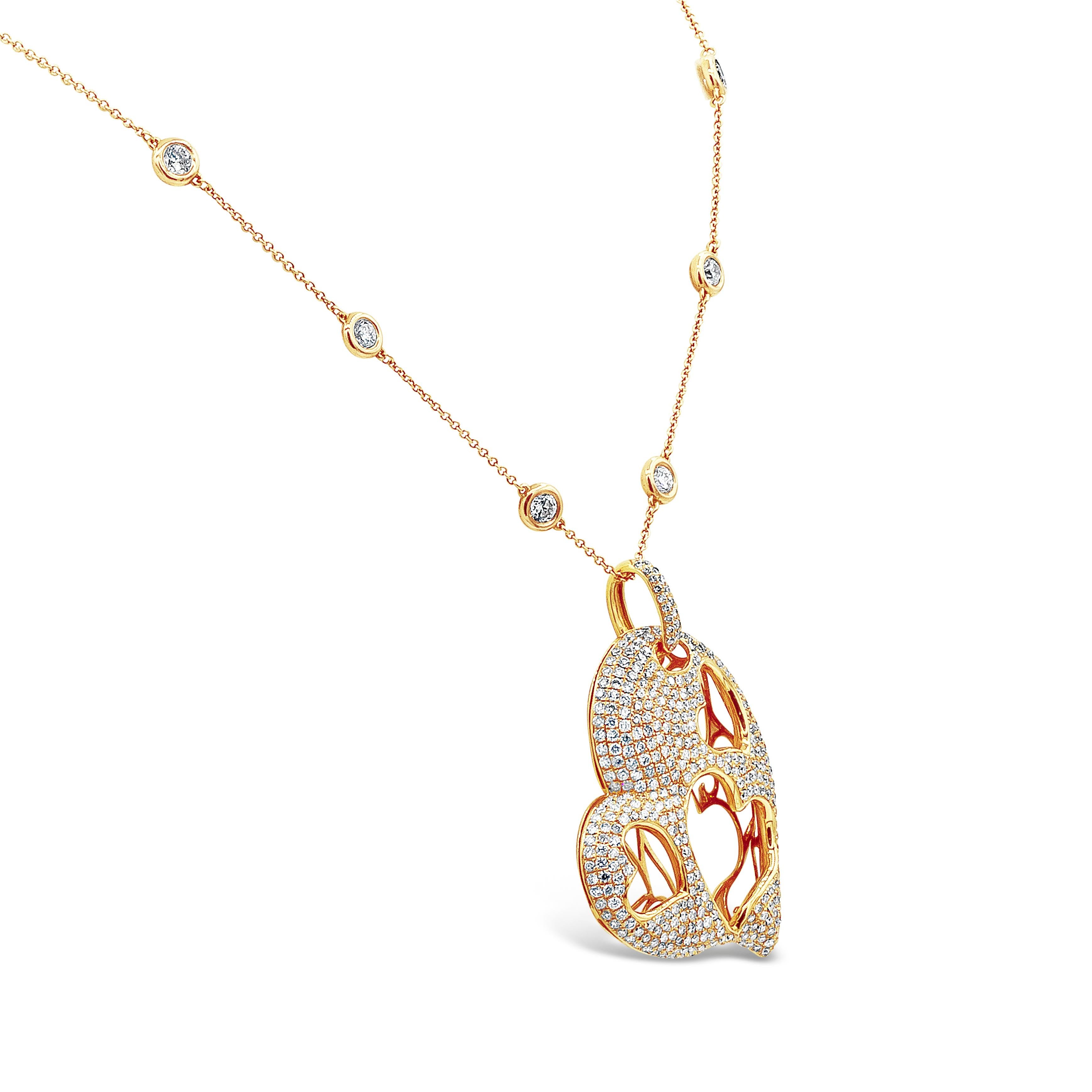 A fashionable necklace showcasing Lily & Co. Int. open-work heart shape pendant micro-pave set with 408 round brilliant diamonds weighing 5.08 carats total. Set in a diamonds by the yard 18 inches adjustable chain made in 18K rose gold. Diamond on