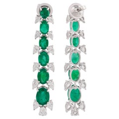 7.65 Carat Oval Emerald Dangle Earrings 2.70 Carat Pear Diamond 14k White Gold