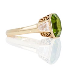 7.65 Carats Asscher Cut Peridot and Diamond Ring in 18 Karat Yellow Gold
