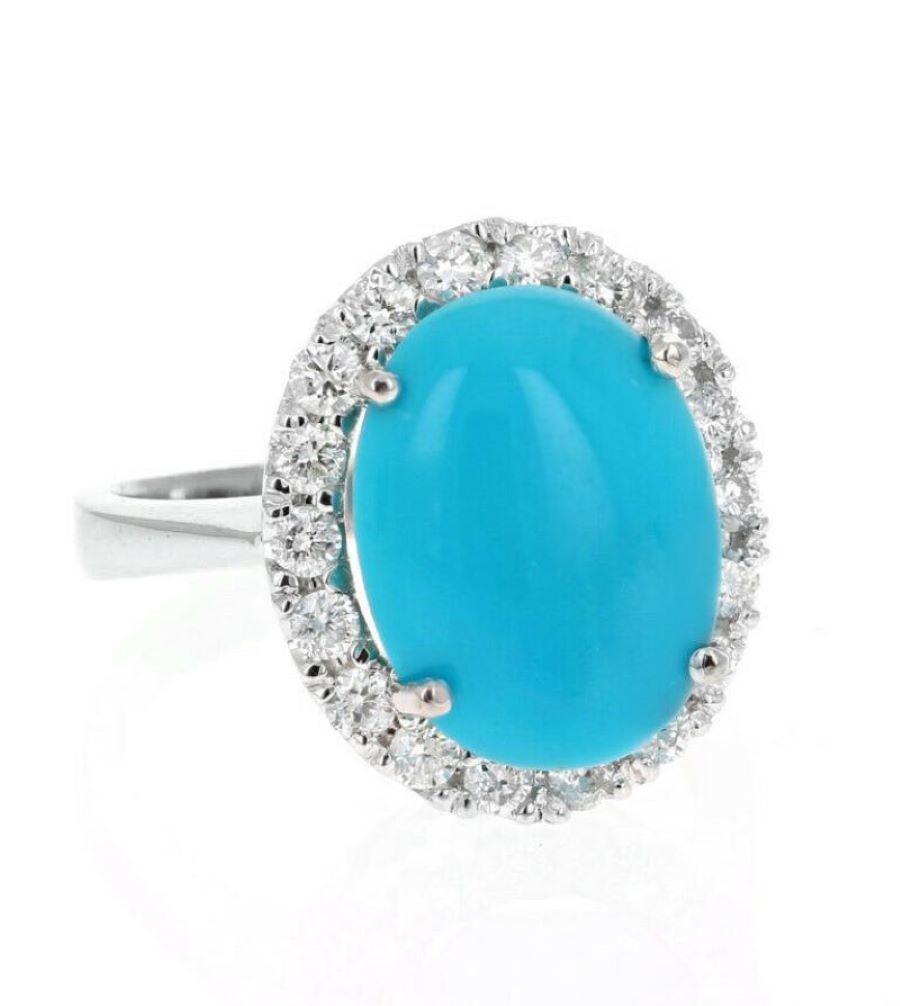 Mixed Cut 7.65 Carats Impressive Natural Turquoise and Diamond 14K White Gold Ring For Sale