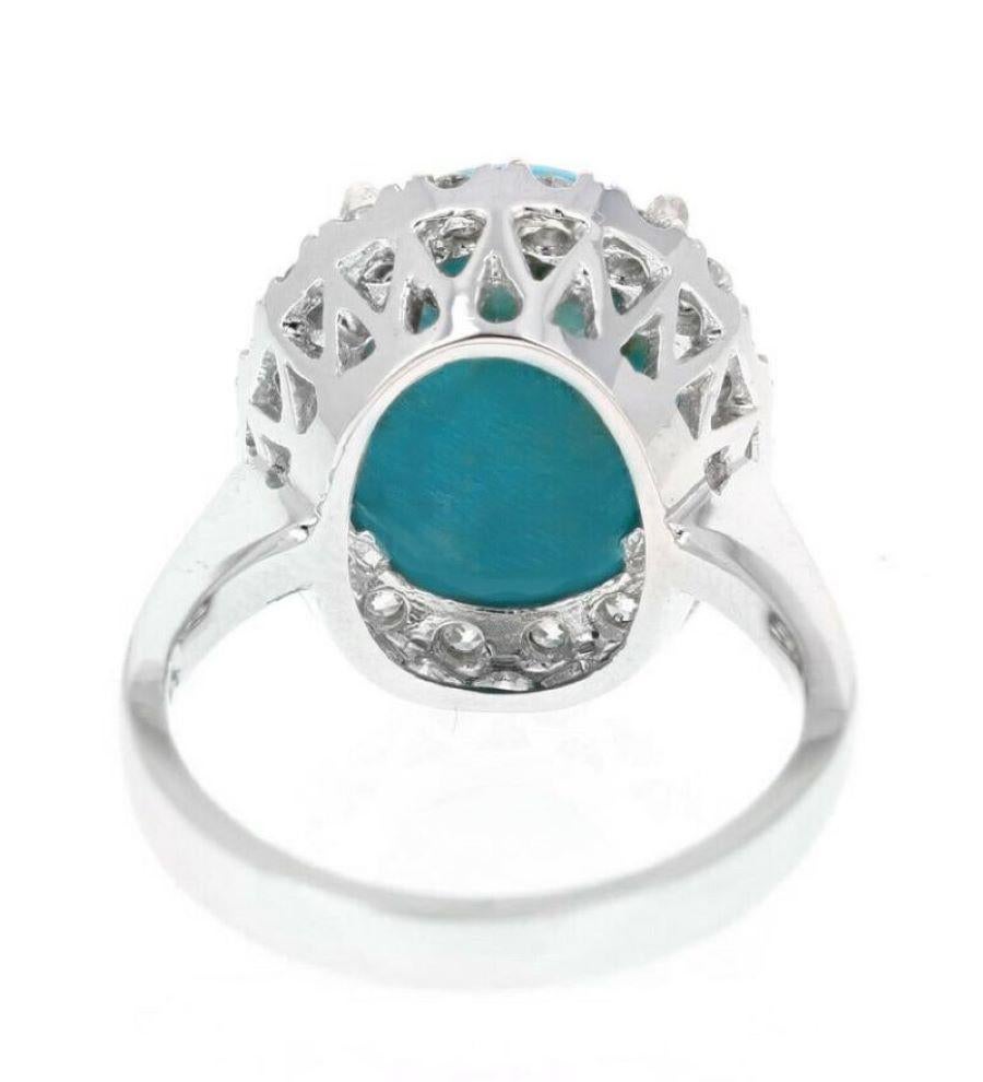 7.65 Carats Impressive Natural Turquoise and Diamond 14K White Gold Ring In New Condition For Sale In Los Angeles, CA