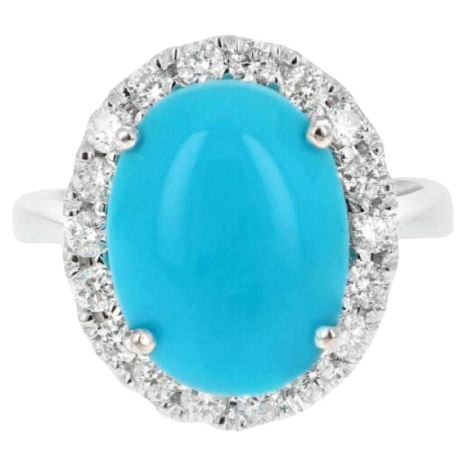 7.65 Carats Impressive Natural Turquoise and Diamond 14K White Gold Ring For Sale