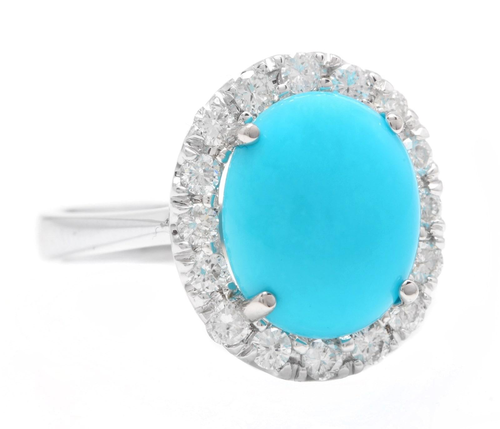 7.65 Carats Impressive Natural Turquoise and Diamond 18K White Gold Ring

Suggested Replacement Value $6,000.00

Total Natural Oval Turquoise Weight is: Approx. 7.00 Carats 

Turquoise Measures: 12.00 x 10.00mm 

Natural Round Diamonds Weight: