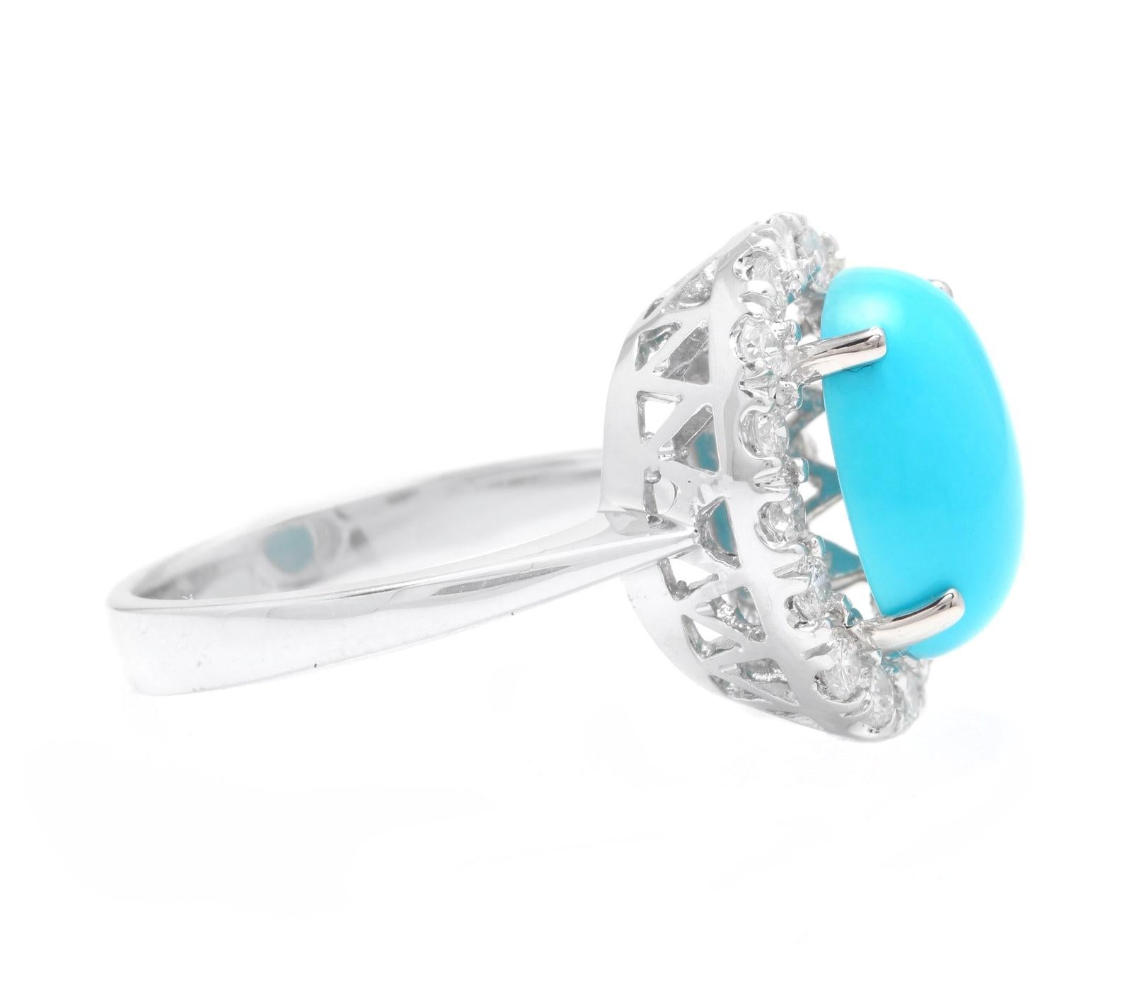 Mixed Cut 7.65 Carats Natural Turquoise and Diamond 18k Solid White Gold Ring For Sale