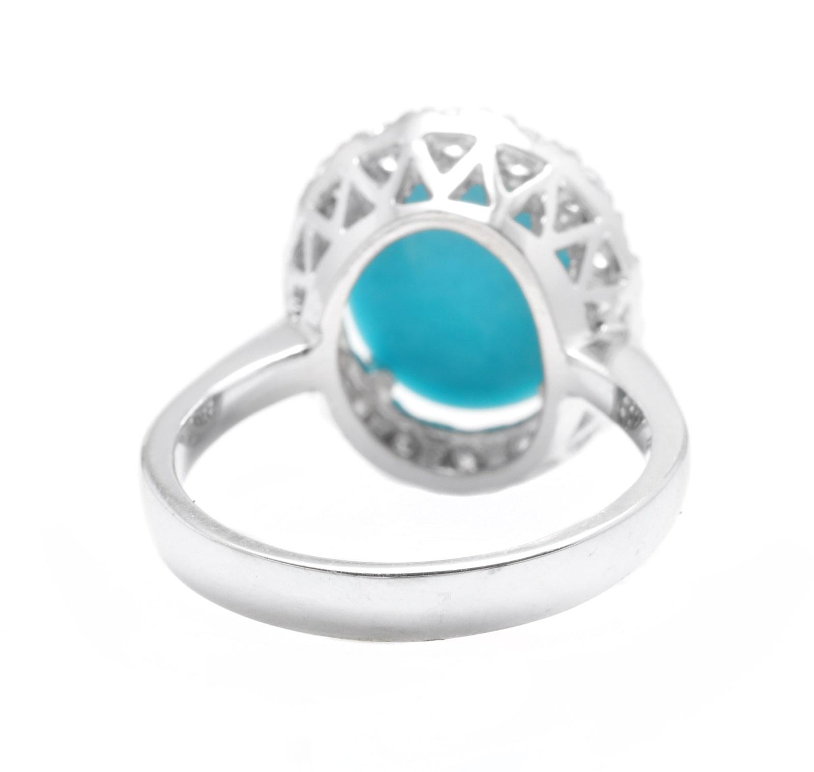 7.65 Carats Natural Turquoise and Diamond 18k Solid White Gold Ring In New Condition For Sale In Los Angeles, CA